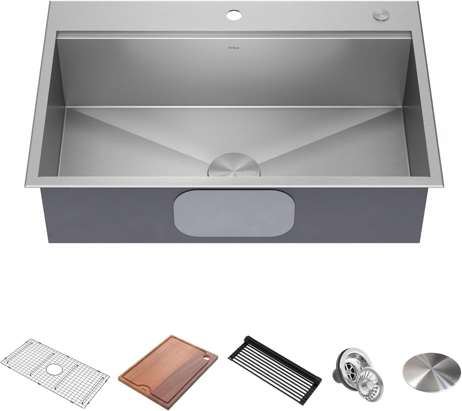 KRAUS Kore Drop-In Workstation 16 Gauge Stainless Steel Single Bowl Kitchen Sink with Accessories
