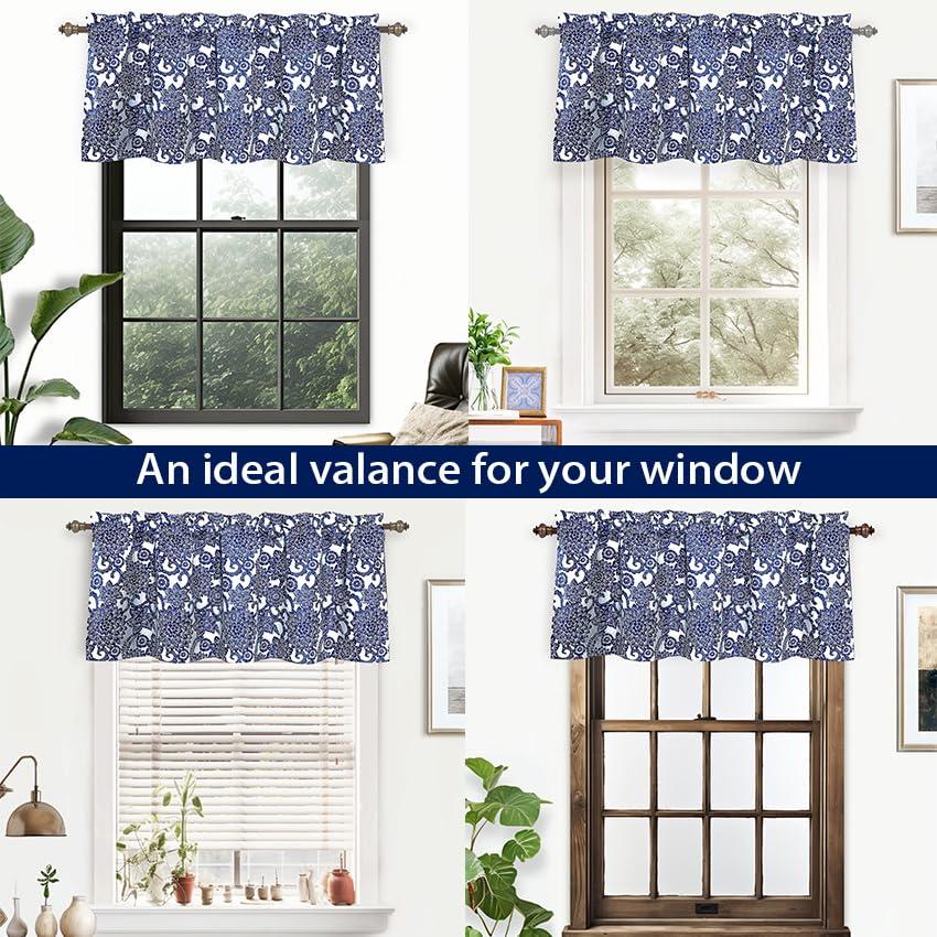 DriftAway Daisy Dahlia Blooming Flower/Floral Lined Thermal Insulated Energy Saving Window Curtain Valance for Living Room/Bedroom/Kitchen, 2 Layers, Rod Pocket, 52"x18"+2’’Header (Navy)