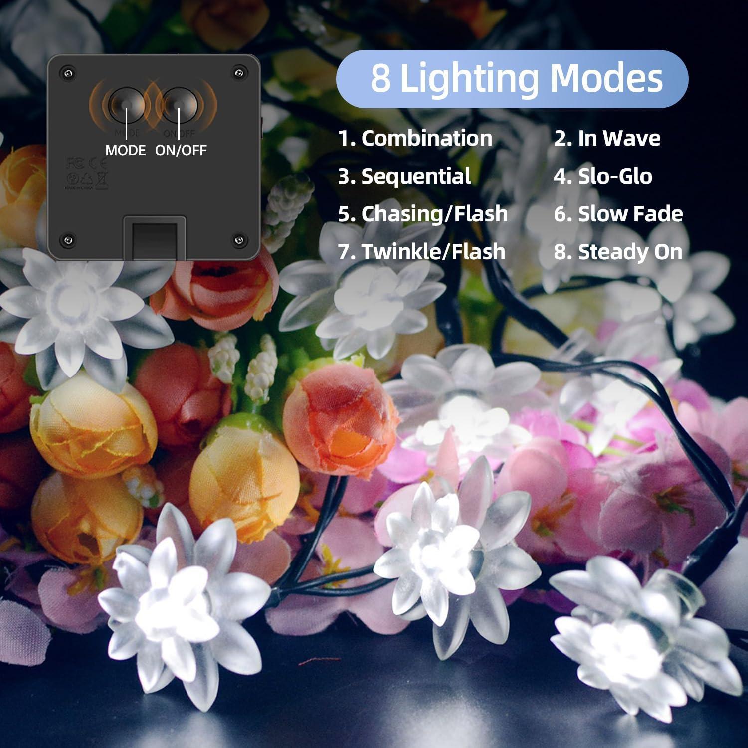 Solar Powered Outdoor White LED Flower Fairy String Lights