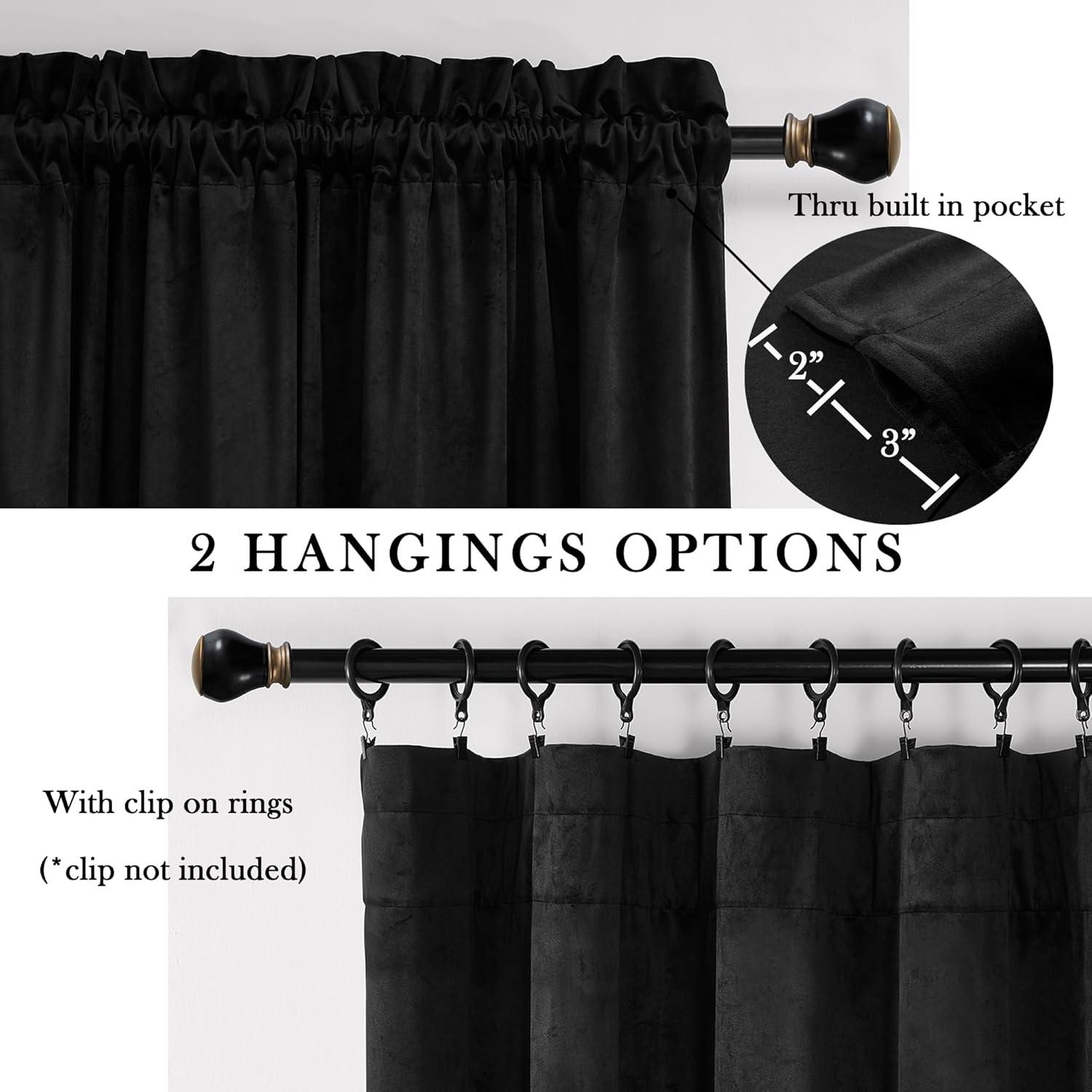 JIUZHEN Black Velvet Curtains for Living Room -96 inches Long Rod Pocket Thermal Insulated Room Darkening Window Drapes for Bedroom, Set of 2 Panels with Tiebacks, 52 x 96 inches