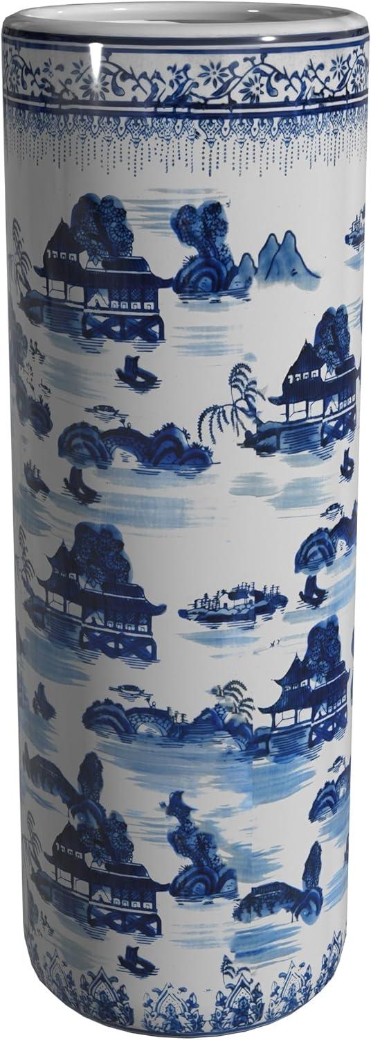 Oriental Furniture 24 In. Porcelain Umbrella Stand, Landscape Blue & White