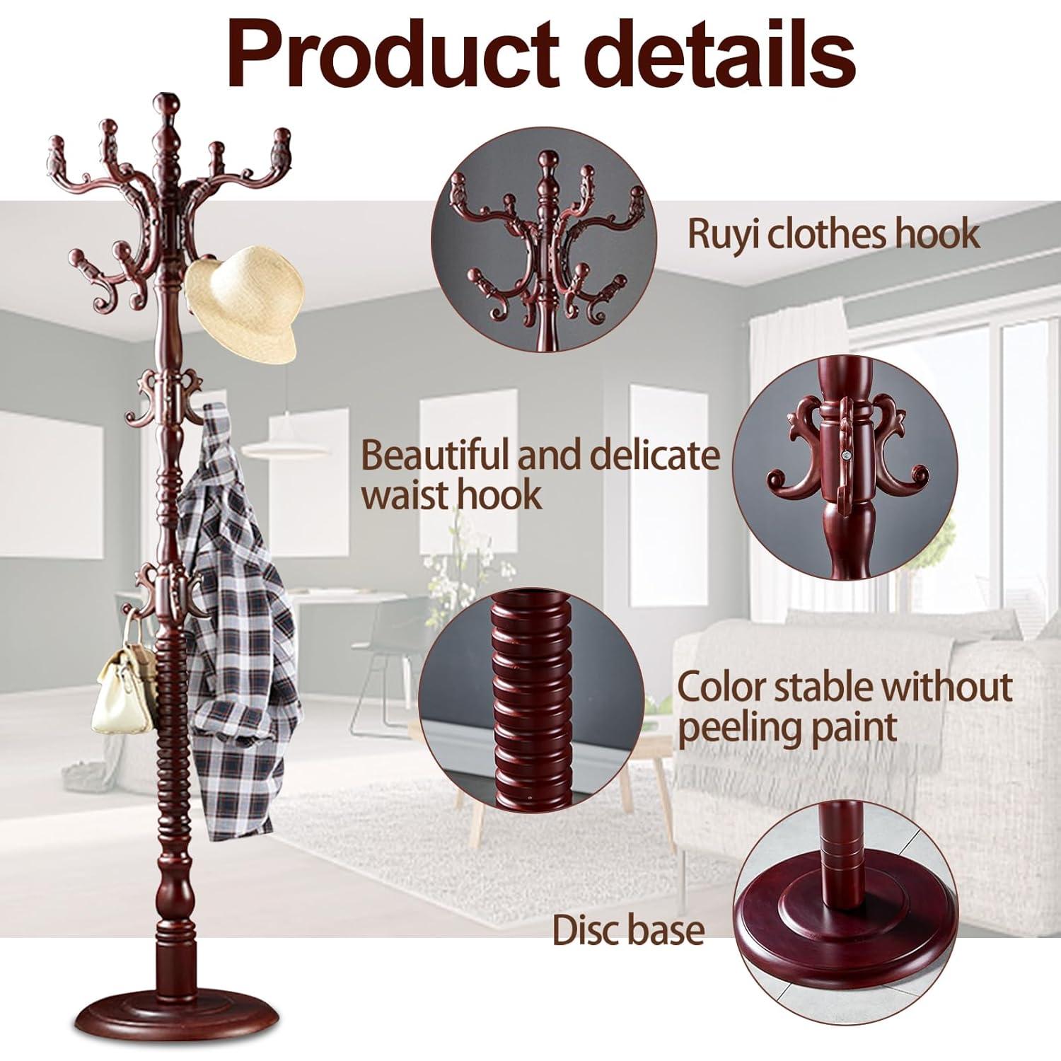 Red Barrel Studio® Wood Coat Rack Stand, Wooden Coat Rack Freestanding With Sturdy Round Base, Coat Racks With 14 Hooks, Natural Birch Wood Entryway Coat Tree Hanger Stand Easy To Assemble