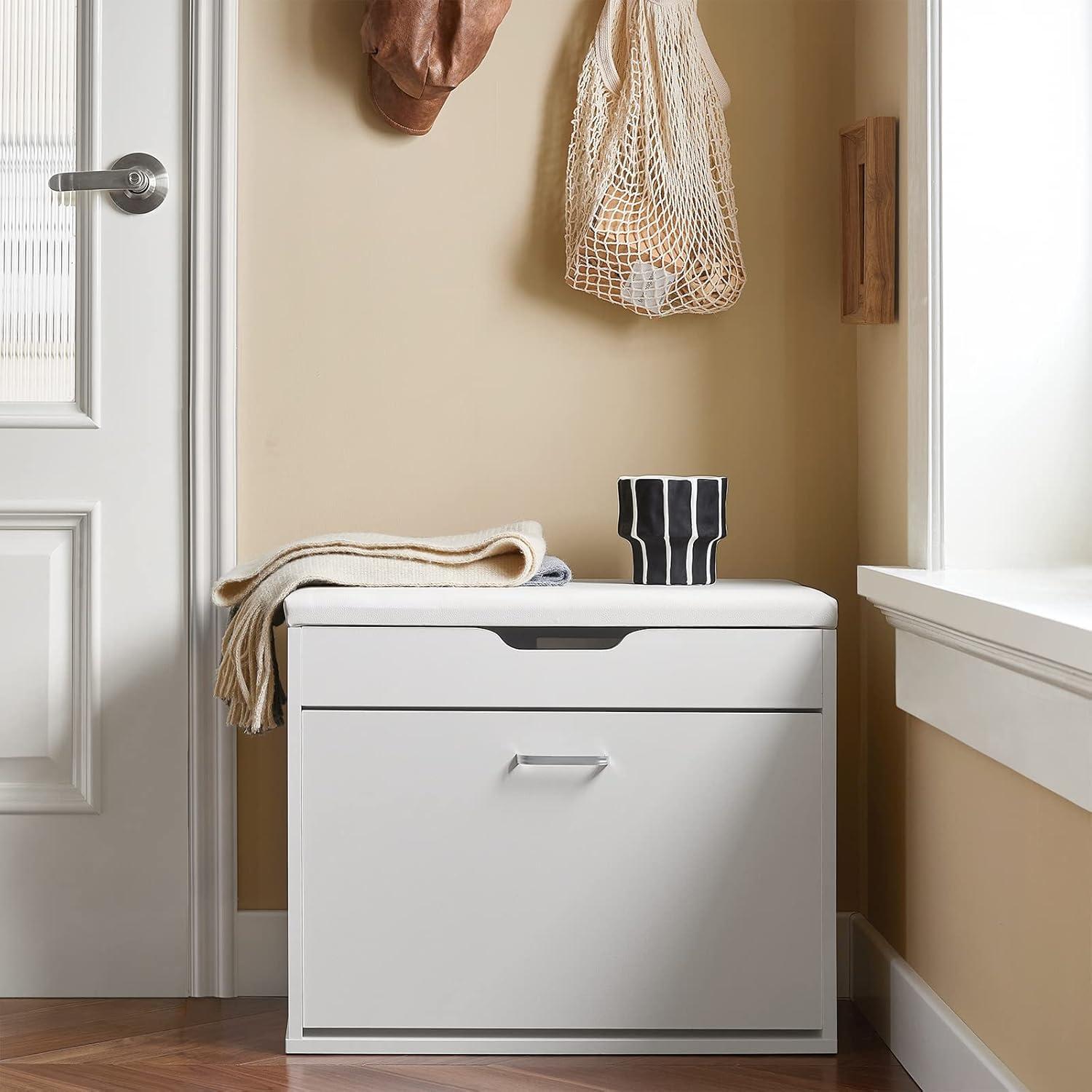 SoBuy Small Shoe Bench, Narrow Shoe Cabinet with Folding Padded Seat, Small Space Shoe Rack, White, FSR95-W