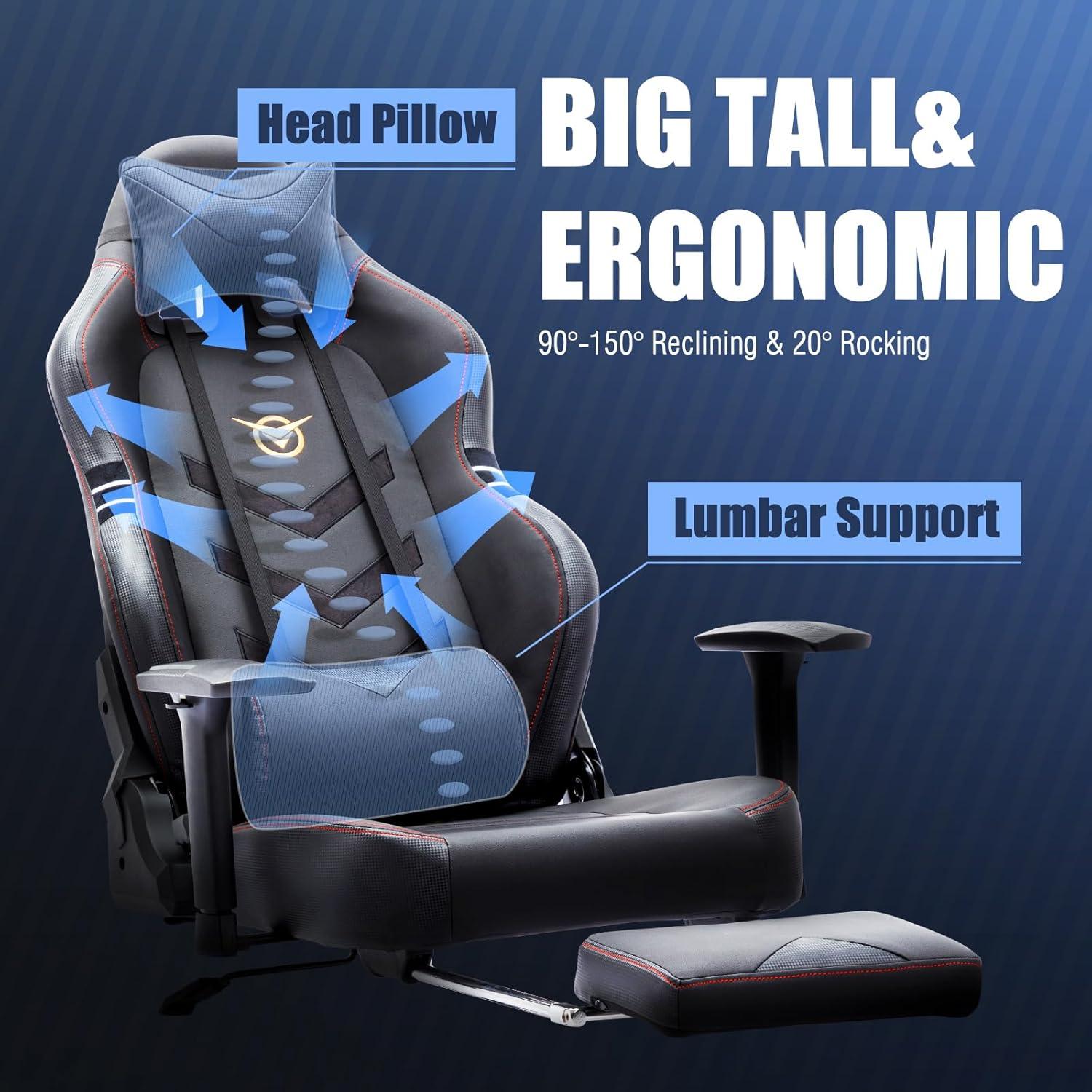 Big and Tall Gaming Chair with Footrest 350lbs-Racing Style Computer Gamer Chair, Ergonomic High Back PC Chair with Wide Seat, Reclining Back, 3D Armrest, Headrest and Lumbar Support for Adult-Black