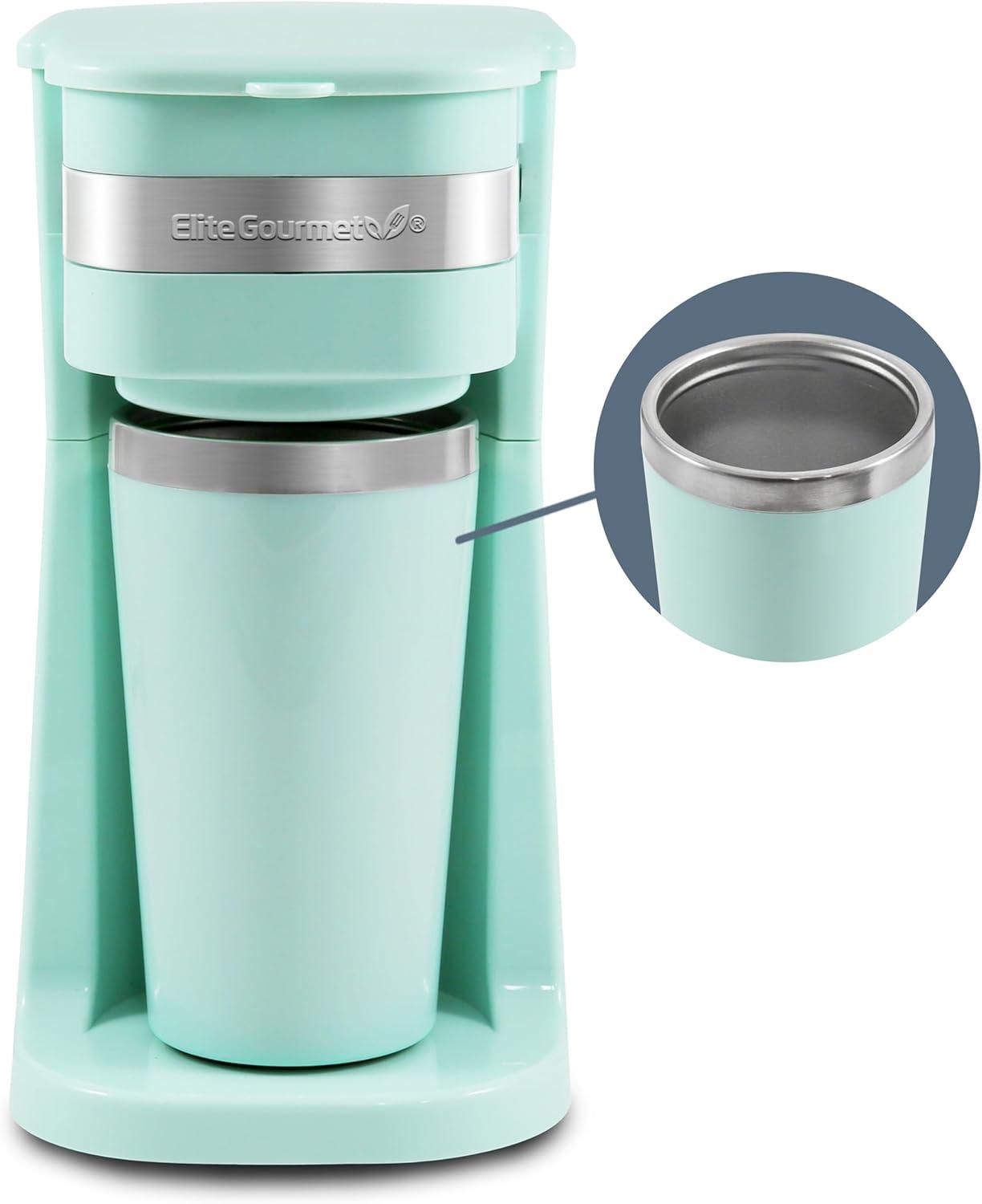 Elite Gourmet Personal Coffee Maker with Stainless Steel Interior Travel Mug, Mint