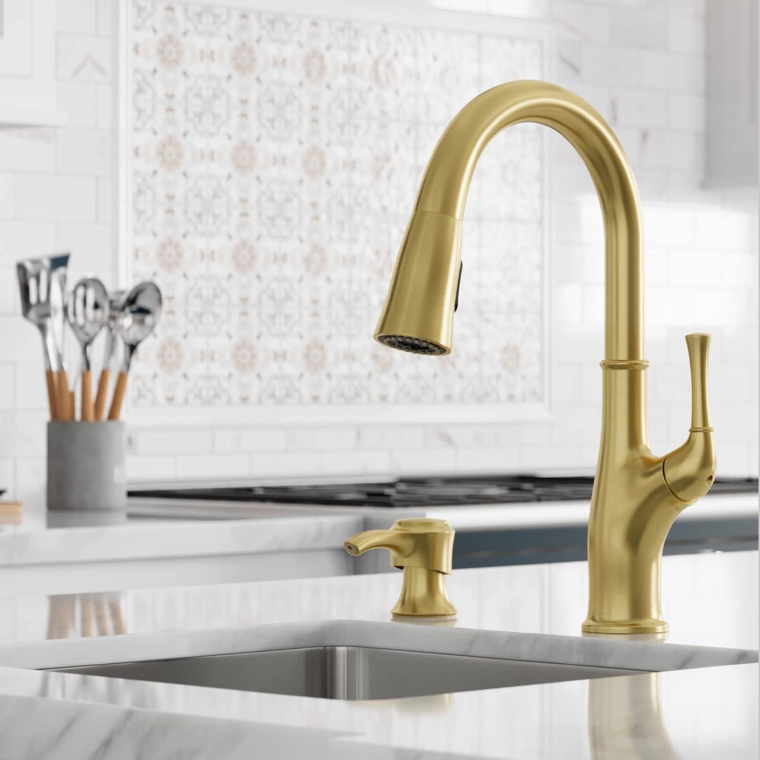 Alderwood Brushed Gold High-Arc Kitchen Faucet with Pull-Out Spray