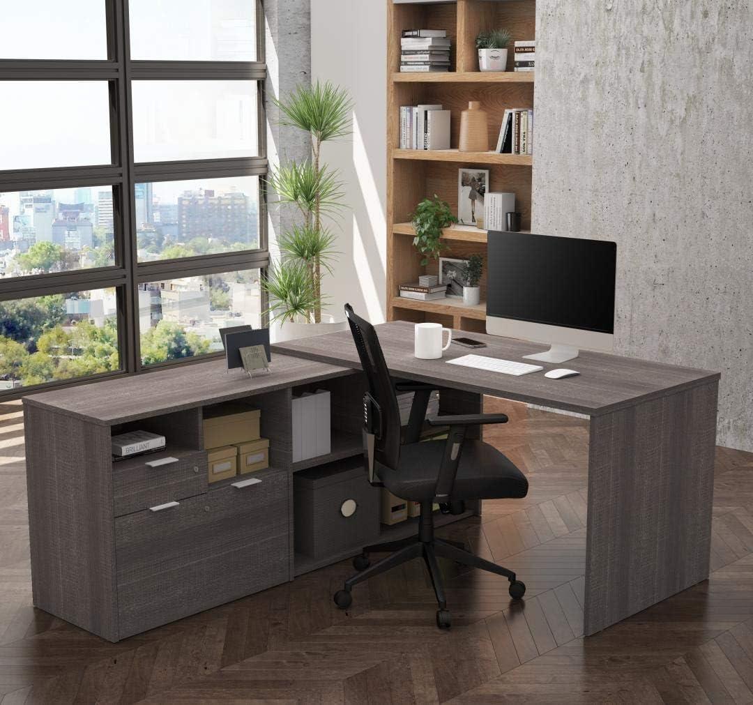 Bark Grey L-Shaped Wood Home Office Desk with Drawer