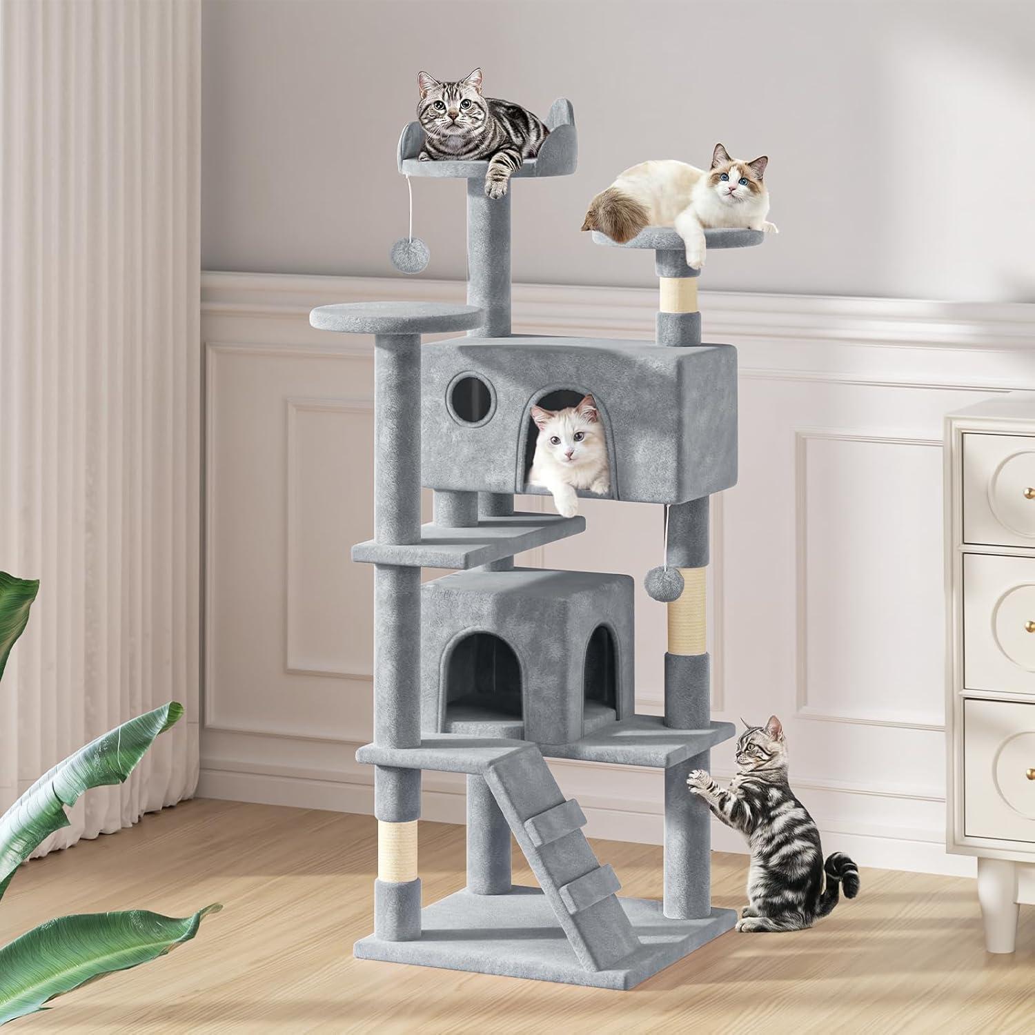 MoNiBloom 54.5" Multi-Level Cat Tree Condo Cat Tower with Scratching Posts & Plush Perch, Light Gray