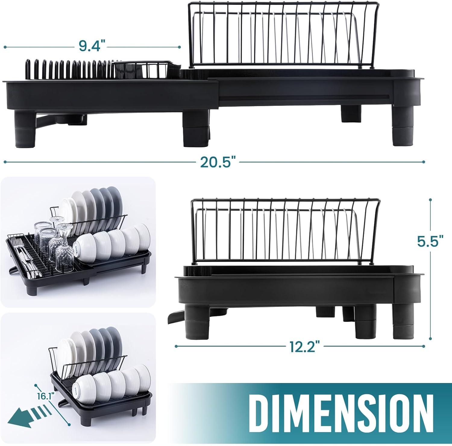 Dish Drying Rack - Expandable Dish Rack for Kitchen Counter, Stainless Steel Dish Drainer with Drainboard Set and Utensil Holder, Sink Drying Dish Strainer Rack (Black)