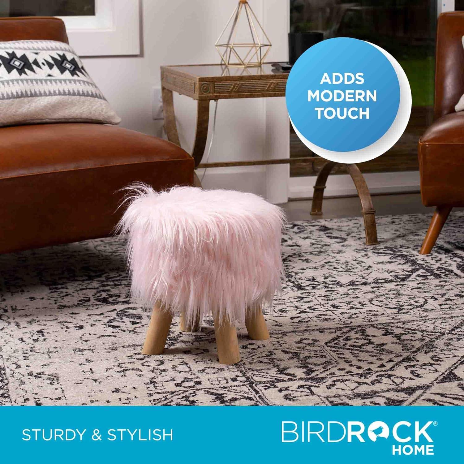 BirdRock Home Faux Fur Foot Stool Ottoman with Wood Legs - Pink