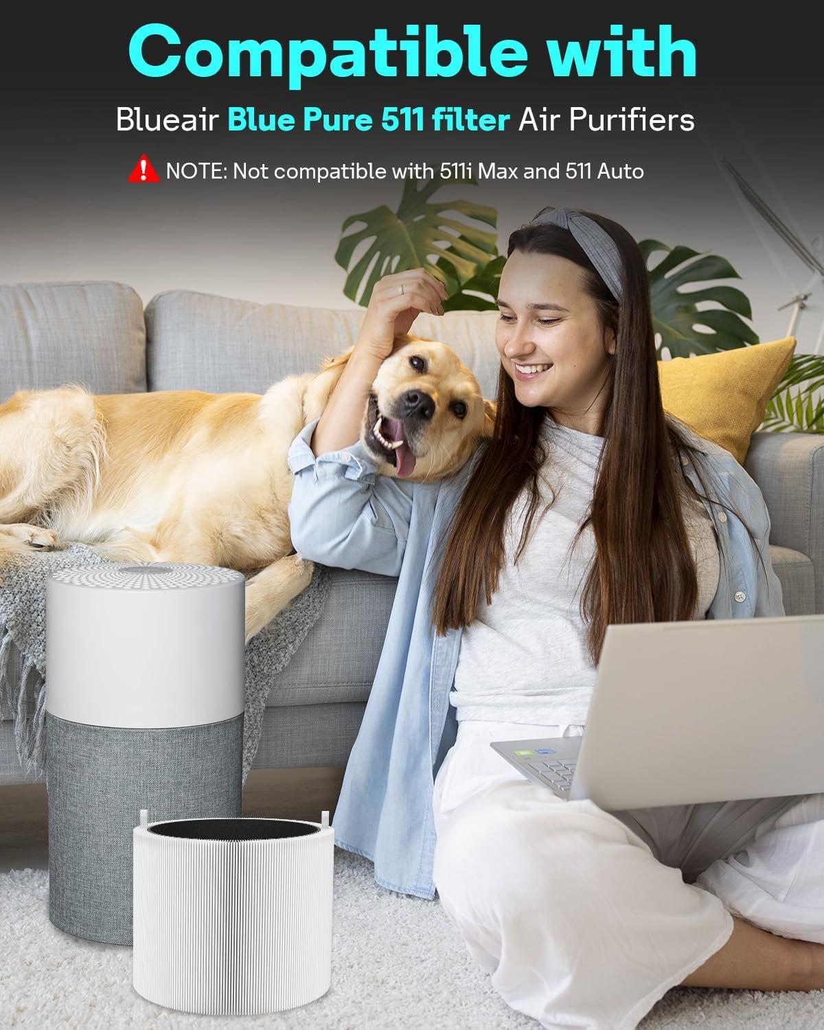 2 Pack Blue Pure 511 Filter Replacement Compatible With Blueair Blue Pure 511 Air Cleaner. Fit For Blue Air 511 Filter Replacement. 3-in-1 True HEPA Filter Particle And Activated Carbon Filter.