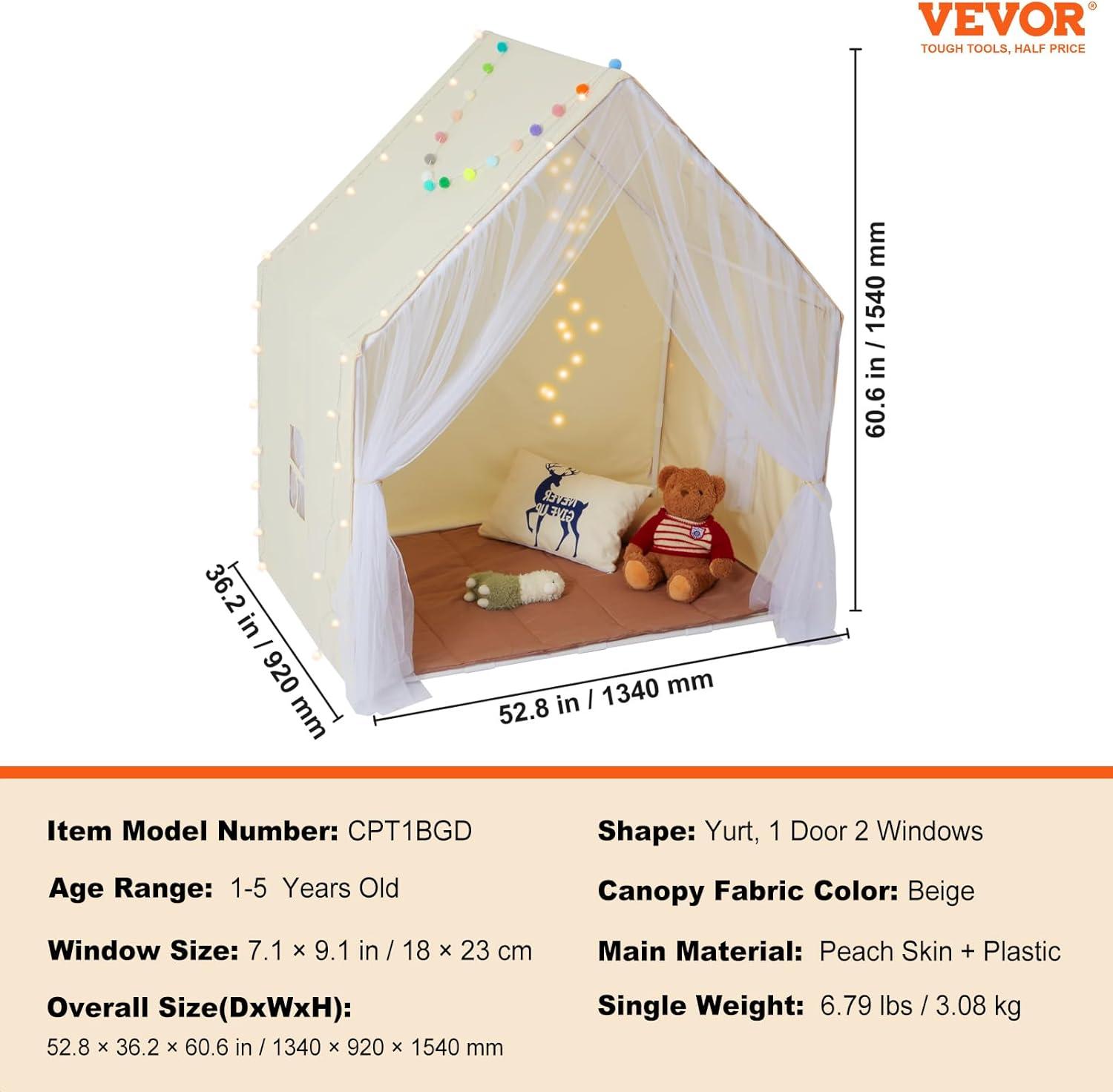 Beige Kids Play Tent with Mat and Light