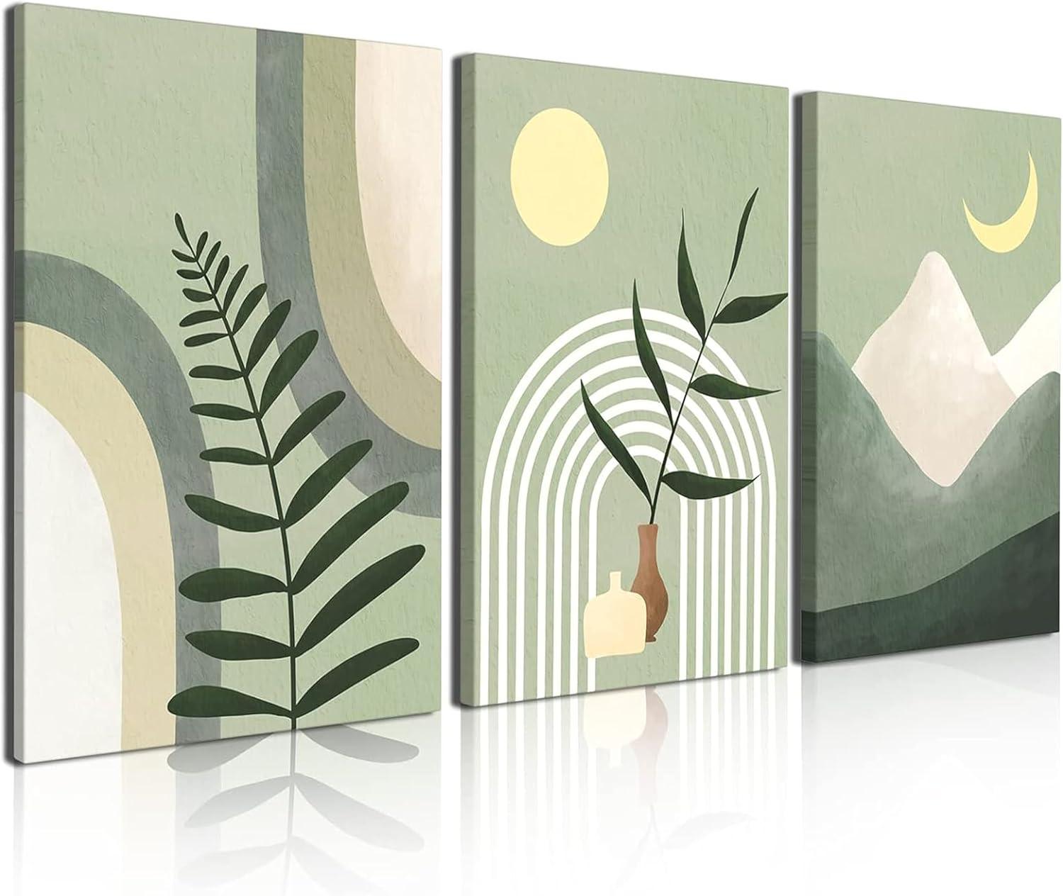 Sage Green Abstract Boho Canvas Wall Art Set