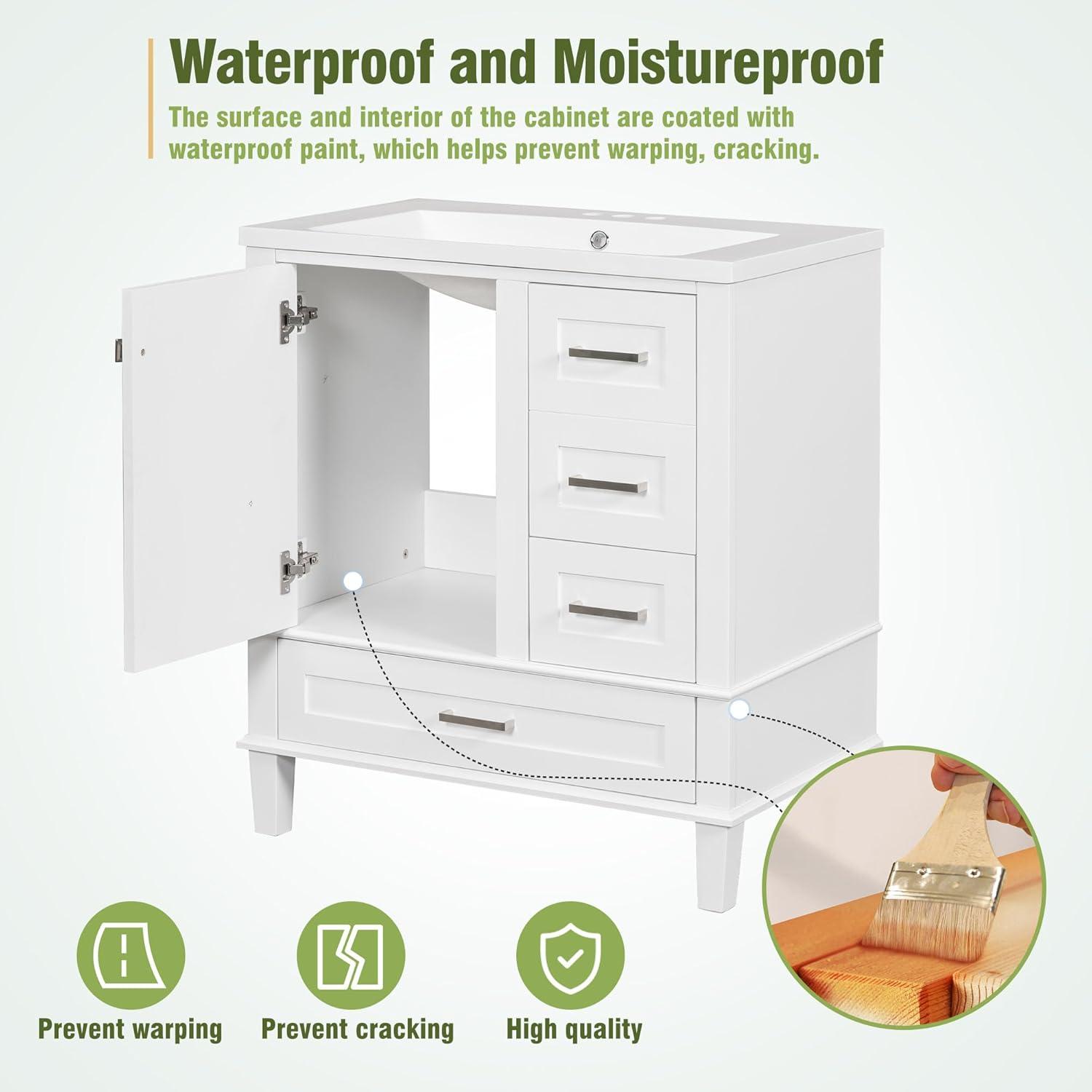 Merax 30 in Bathroom Vanity with Sink,3 Drawers and 4 Doors,Wood Single Sink Bathroom Vanity,Modern White Bathroom Vanities Sink Cabinet Floor Standing with Sink Combo Set