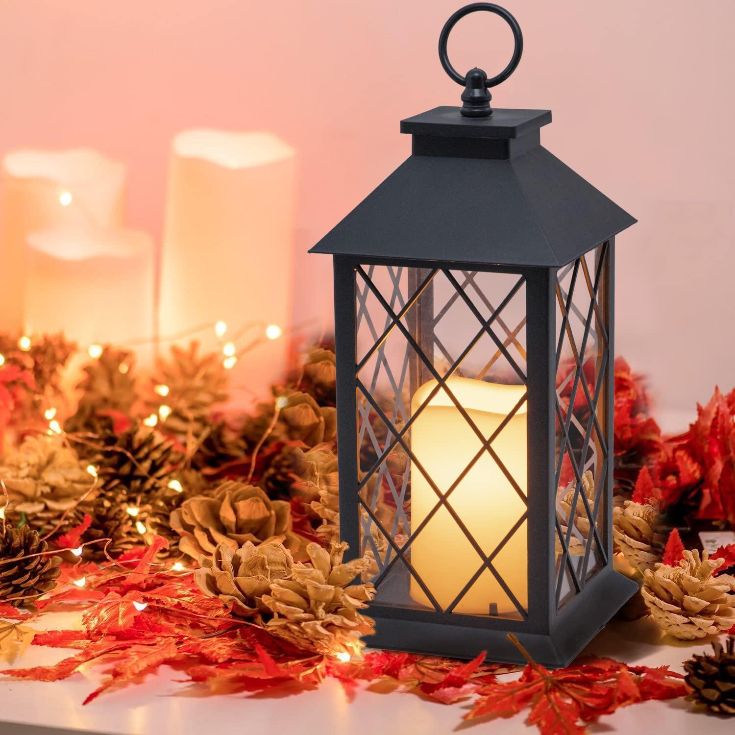 YAKii 13" Decorative Candle Lantern with LED Flameless Candle and Timer, Plastic LED Candle & Holder, Indoor & Outdoor Hanging Lights Thanksgiving &Christmas Day Decorations, Pack of 6 (Black)