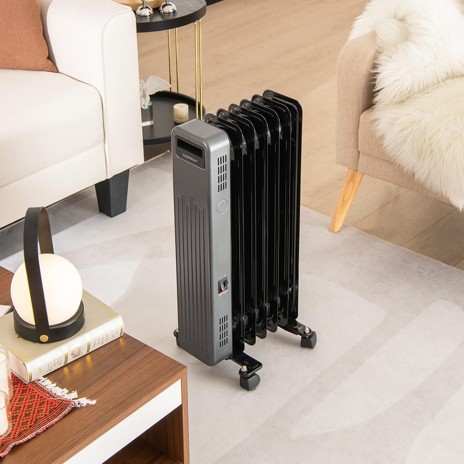 Costway 1500W Oil-Filled Radiator Heater Portable Electric Space Heater 3 Heat Settings