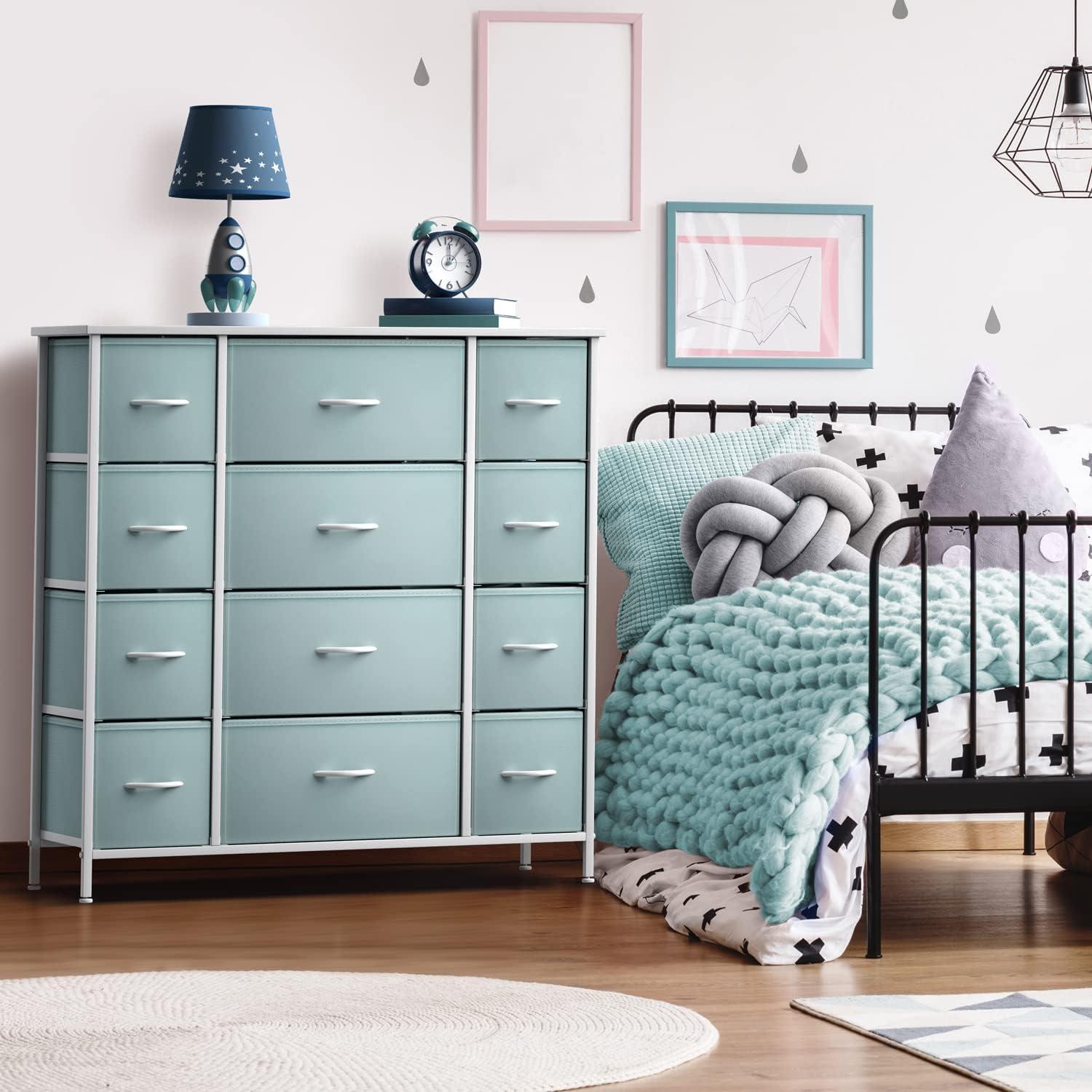 Aqua 12-Drawer Fabric Dresser with Steel Frame