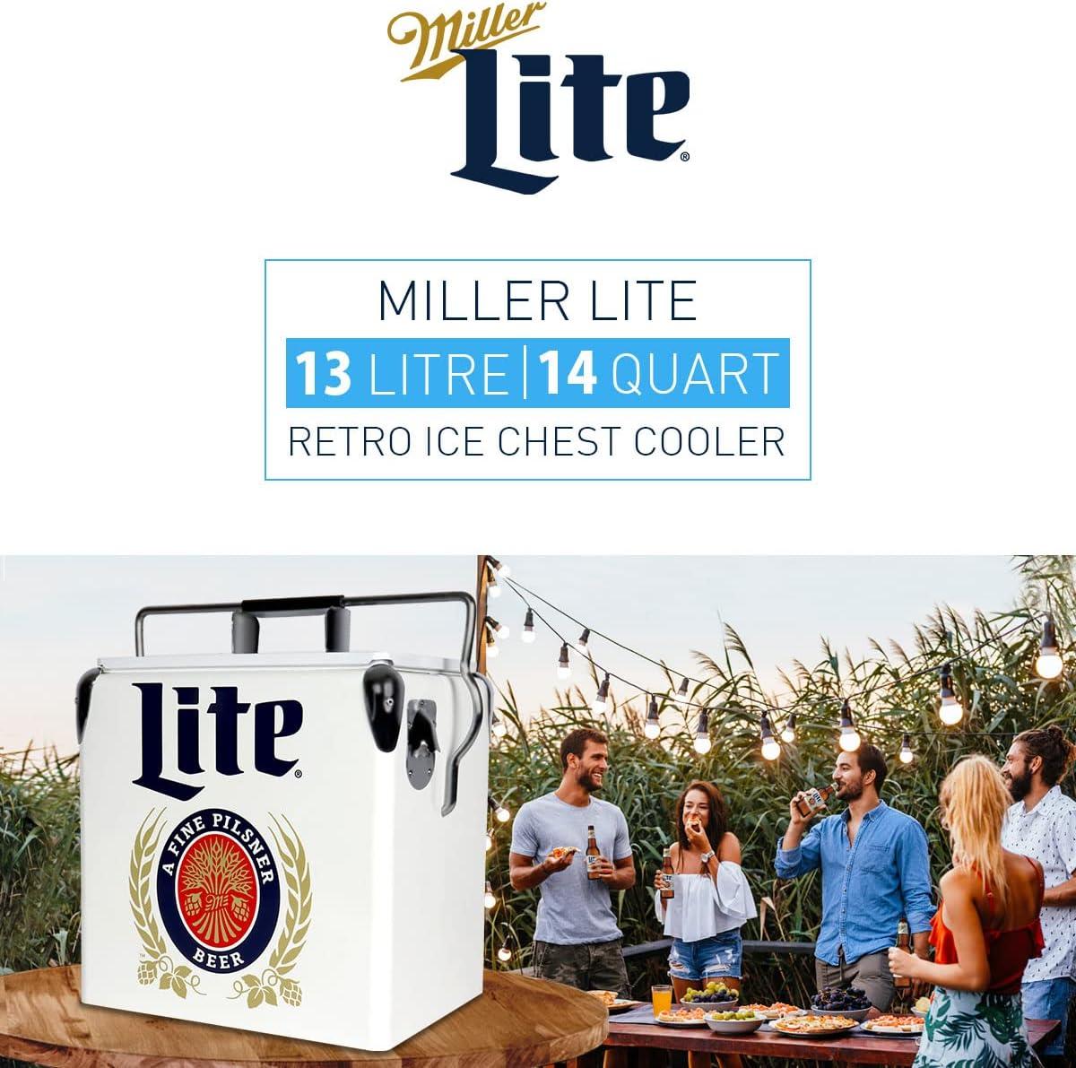 Miller Lite Retro Ice Chest Cooler with Bottle Opener 13L (14 qt), White and Blue