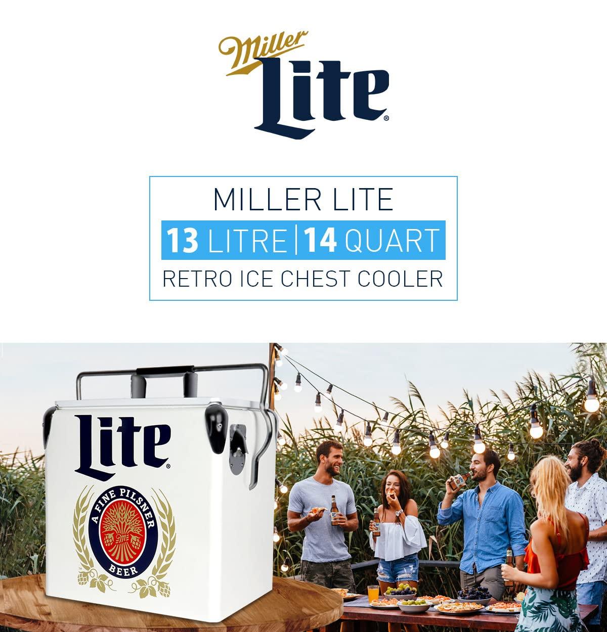Miller Lite Retro Ice Chest Cooler with Bottle Opener 13L (14 qt), White and Blue
