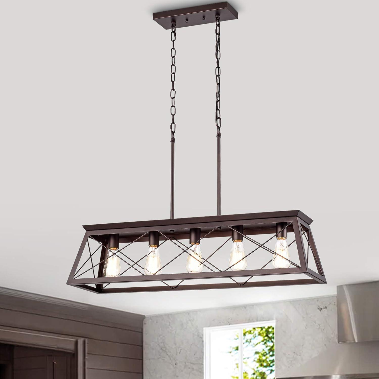 Progress Lighting Briarwood 5-Light Linear Chandelier, Antique Bronze, Faux-Painted Wood Enclosure