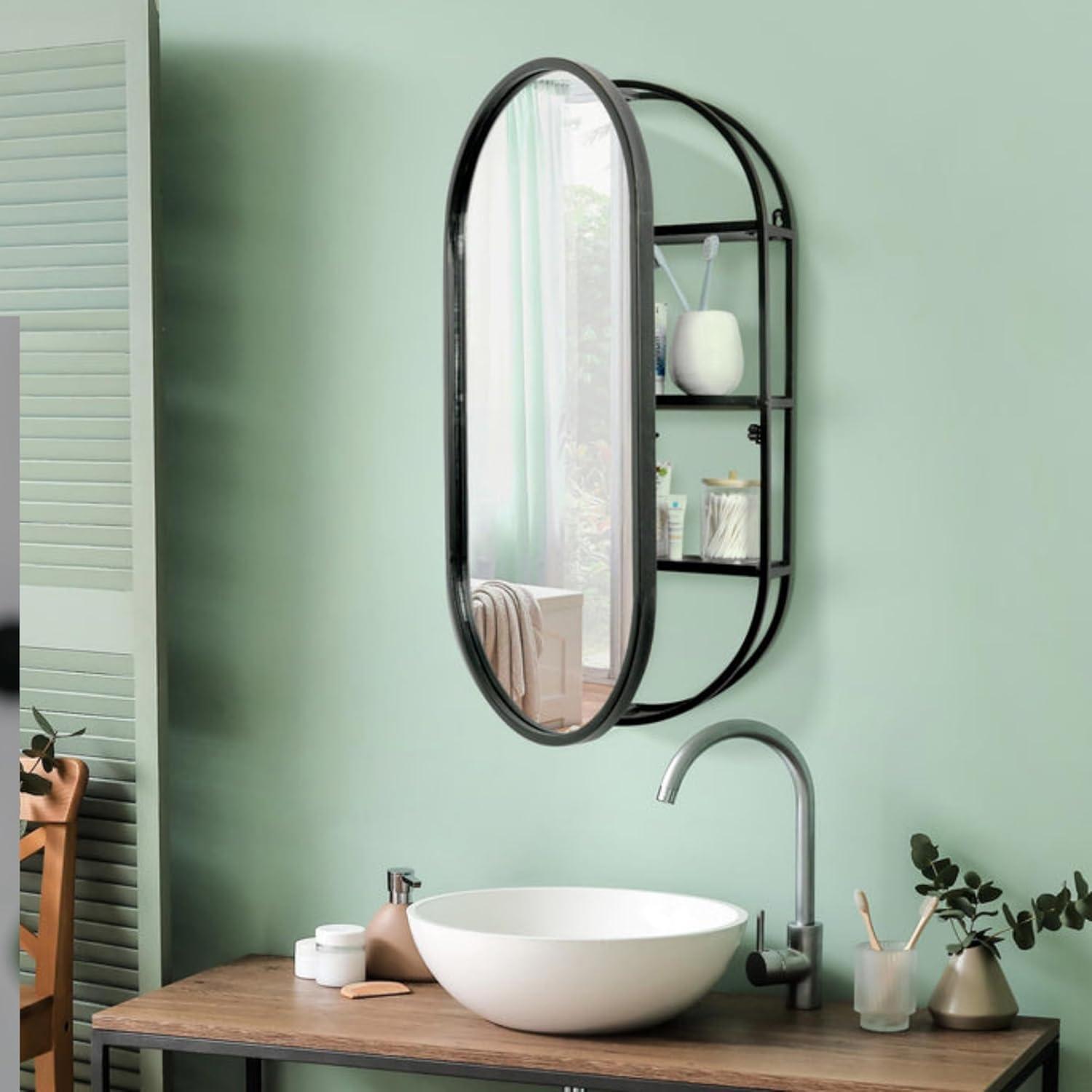 Head West Black Metal Framed Oval Vanity Wall Mirror with Storage Shelves - 15" x 30"