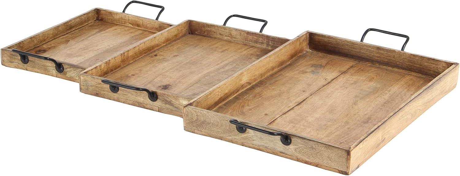 Set of 3 Farmhouse Slat Style Mango Wood and Iron Trays Brown - Olivia & May: Ottoman, Basket Design, 24-Inch