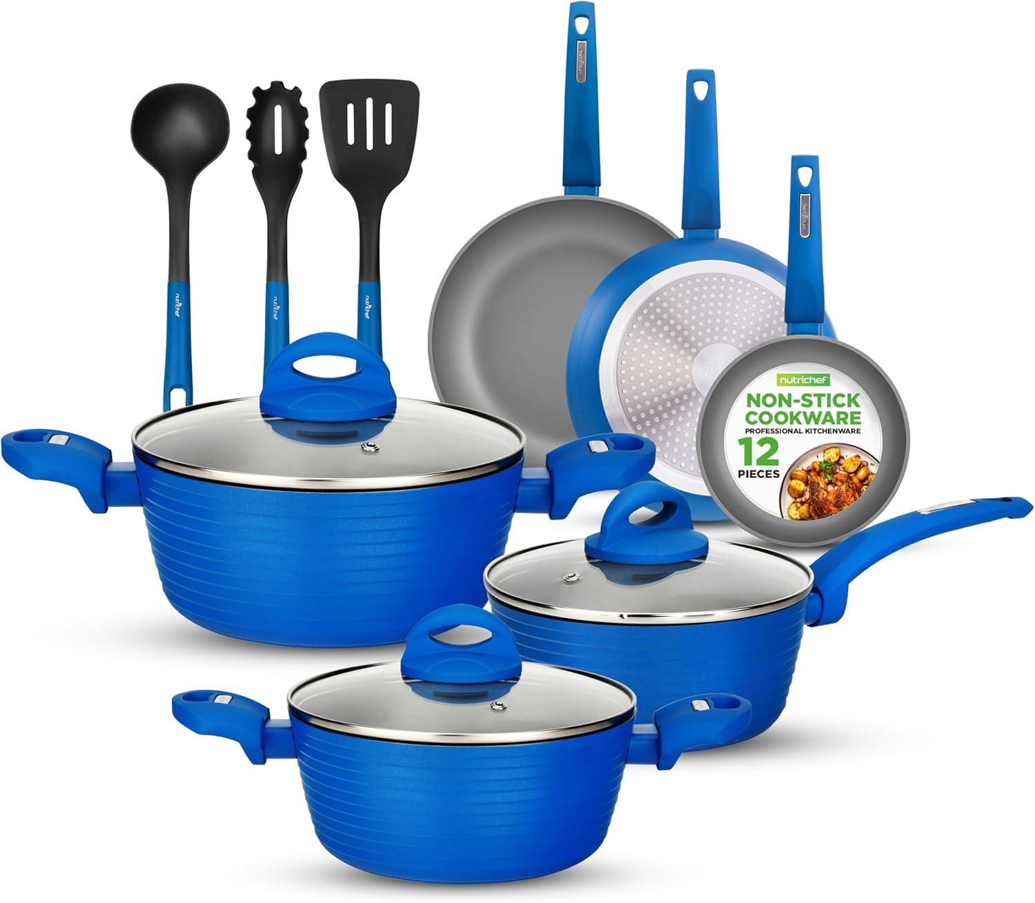 NutriChef 12-Piece Blue Nonstick Aluminum Cookware Set