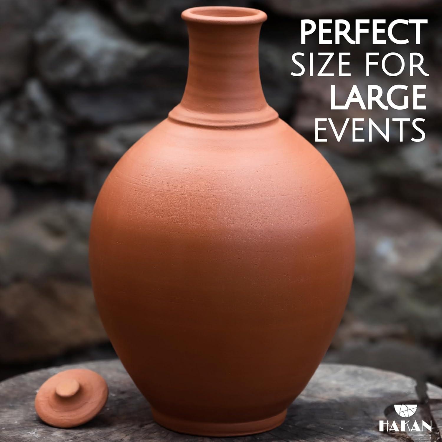 Hakan Handmade Traditional Unglazed Clay Pitcher with Lid, Natural Home Decor Vintage Terracotta Drinking Bottle, Earthenware Beverage Jar from Cappadocia, Pottery Mud Water Jug, Small