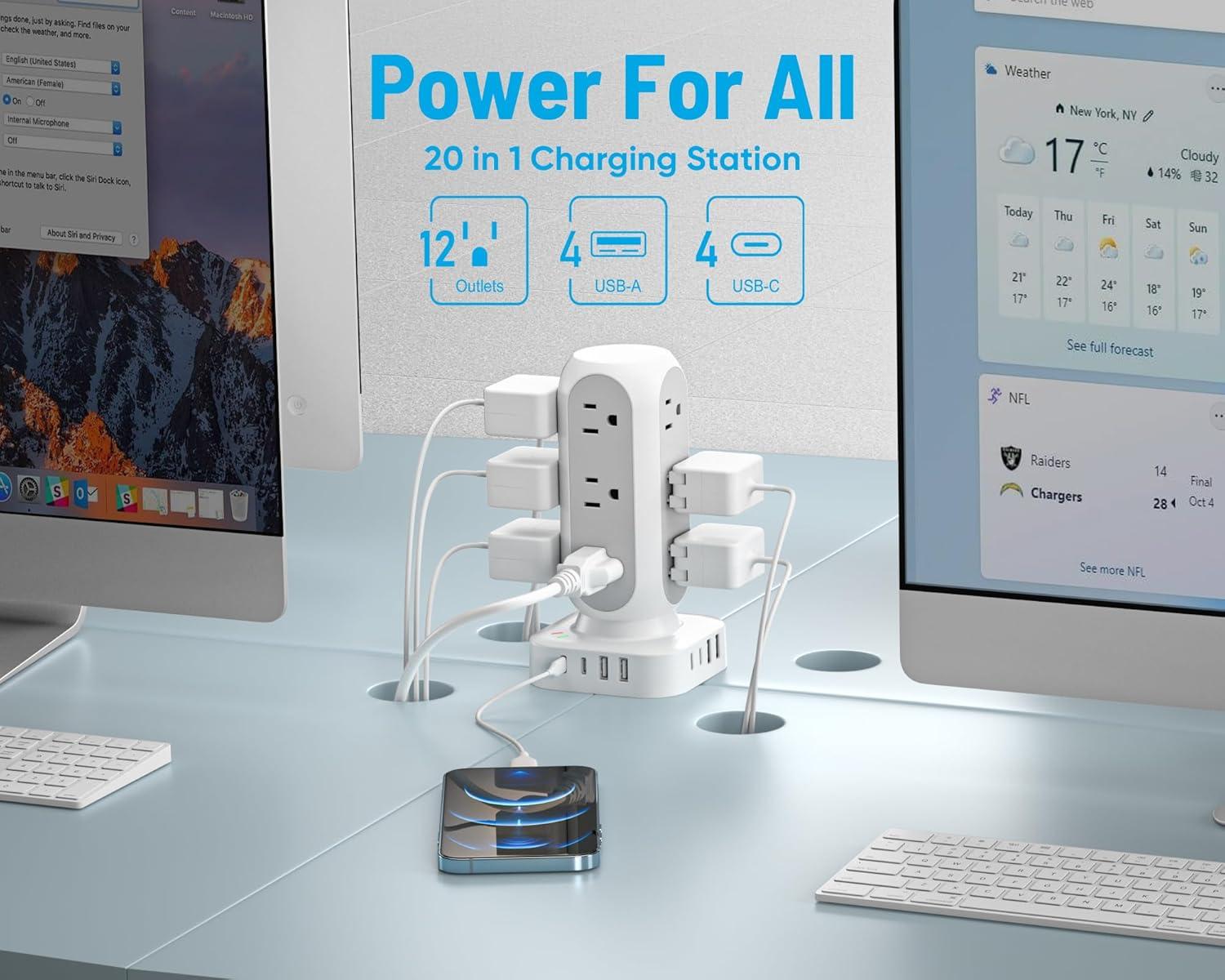 White 12-Outlet Power Strip Tower with 10 ft. Cord