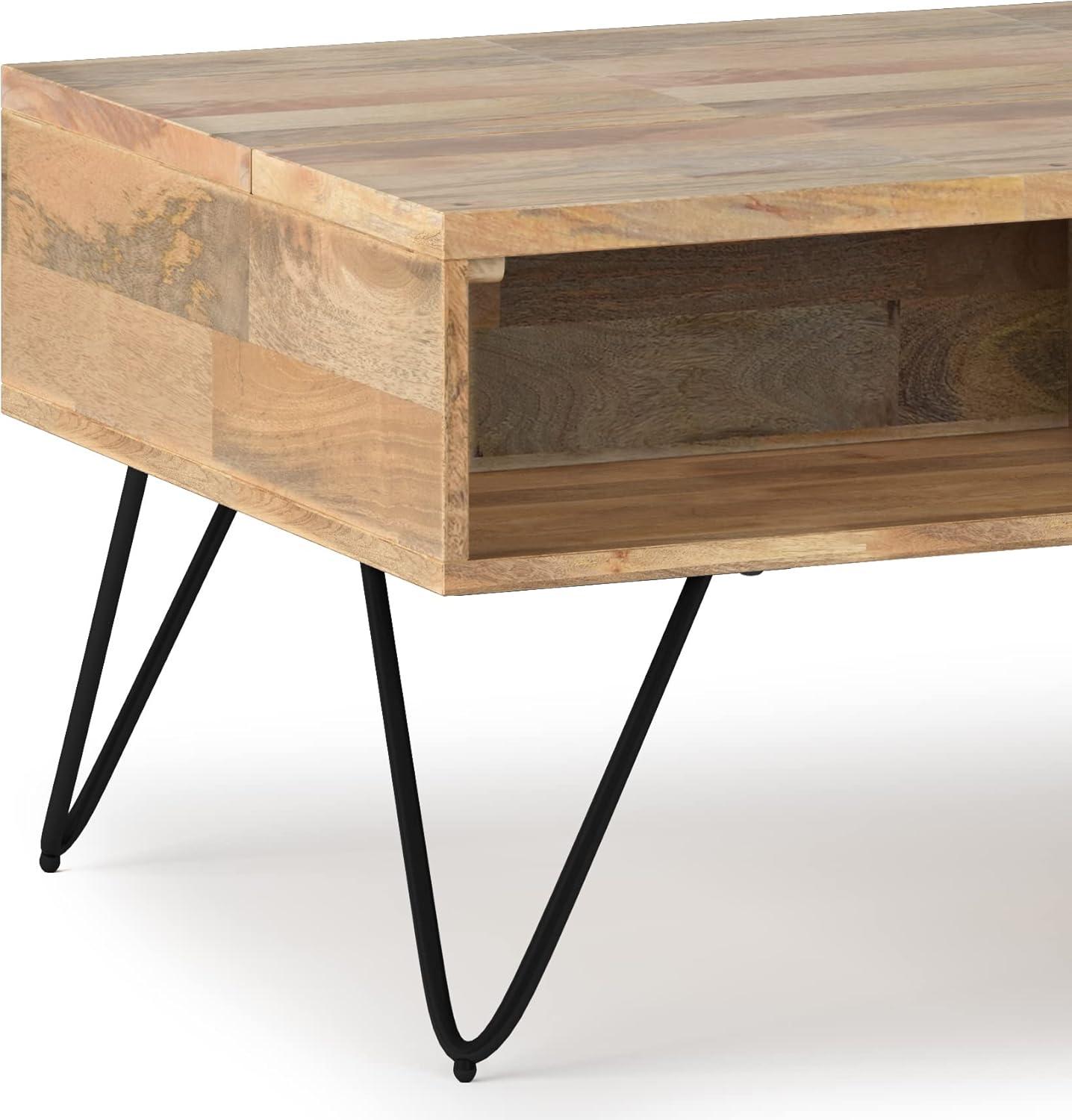 Hunter Solid Wood Industrial Small Lift Top Coffee Table with Hidden Storage and Metal Hairpin Legs.