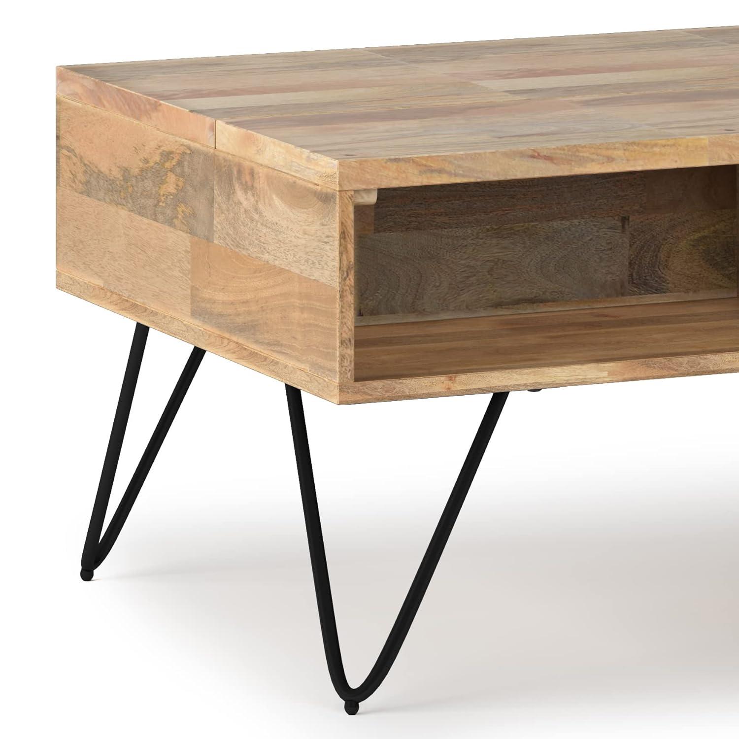Hunter Solid Wood Industrial Small Lift Top Coffee Table with Hidden Storage and Metal Hairpin Legs.