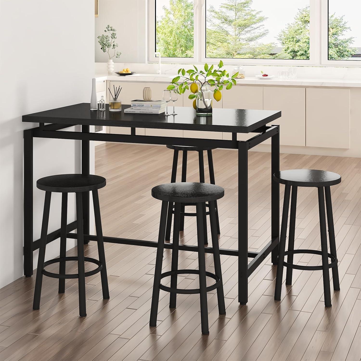 Lamerge 5 Pieces Dining Table Set for 4, Black Bar Table Set with 4 Round Bar Stools Counter Height Bar Table and Chairs Set, Wood Pub Table Set Breakfast Table for Kitchen, Small Space