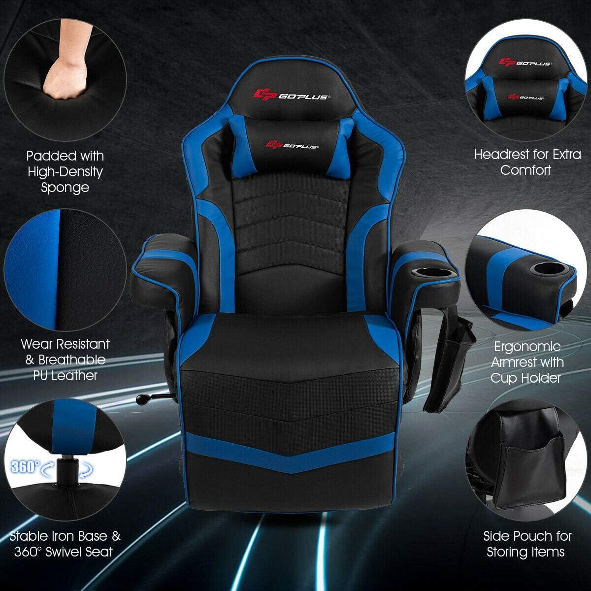 Costway Massage Gaming Recliner Reclining Racing Chair Swivel Blue