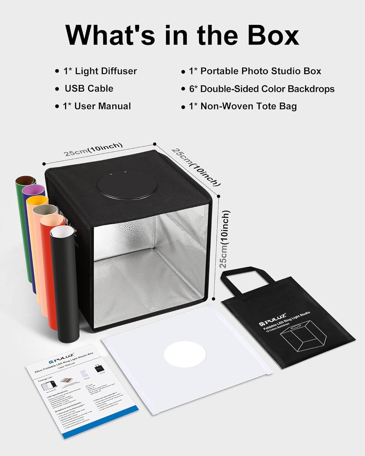 PULUZ Mini Photo Studio Light Box, Photo Shooting Tent kit, Portable Folding Photography Light Tent with CRI >95 96pcs LED Light & 6 Kinds Double-Sided Color Backgrounds for Small Size Products