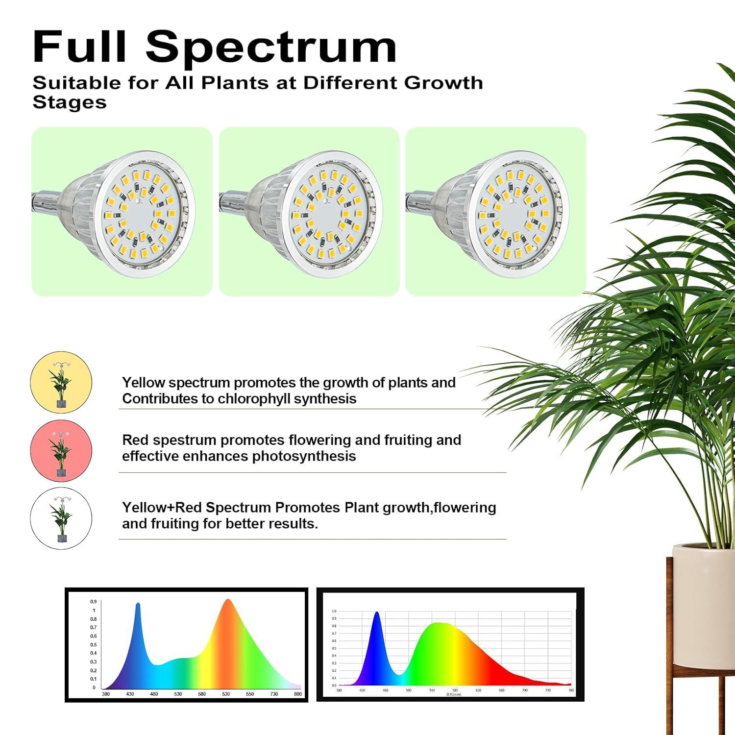 Grow Lights for Indoor Plants Full Spectrum with Detachable Tripod Stand, 10-55 Inches Height Adjustable Aluminum Alloy Indoor Plant Grow Lamp with Auto On/Off Timer Function