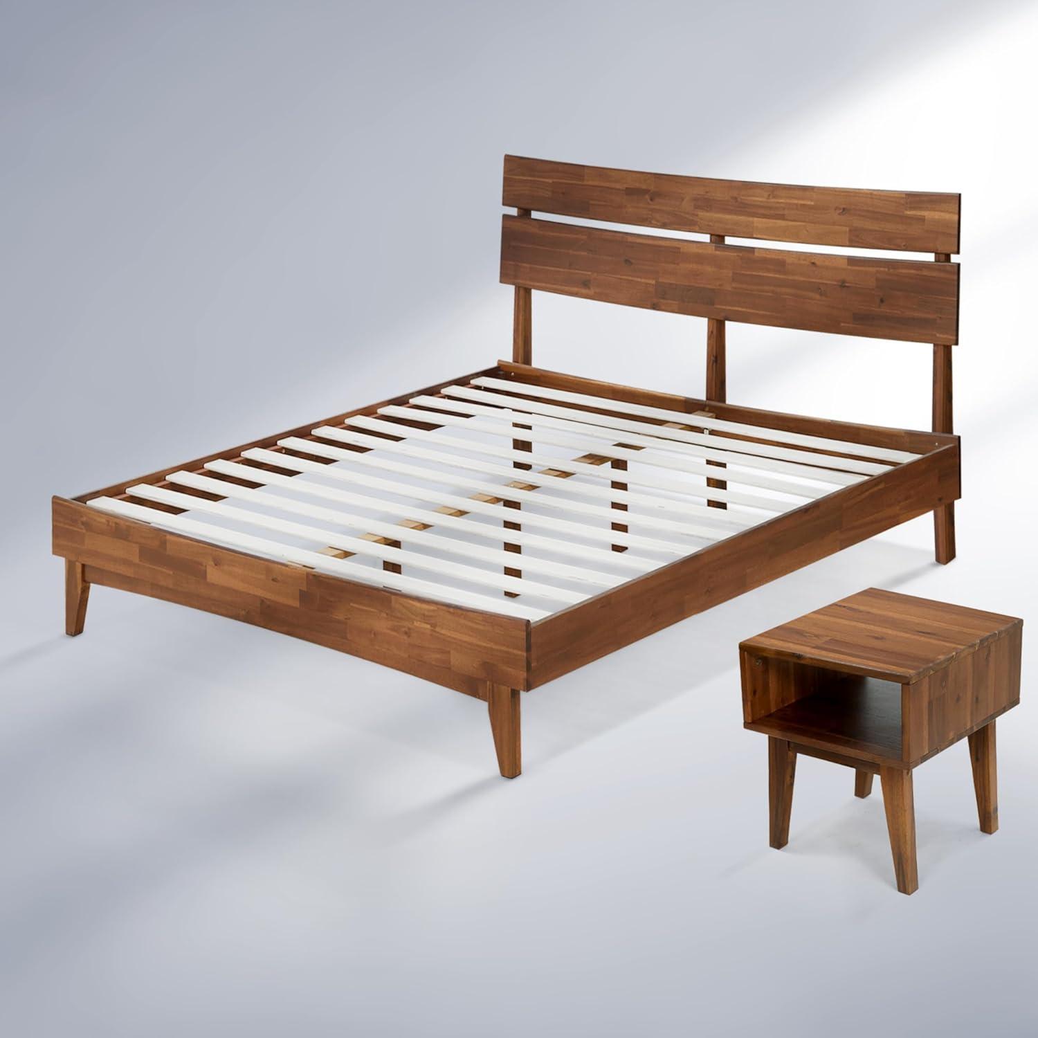 Acacia Aurora Solid wood bed frame & Nightstand - Queen - Walnut