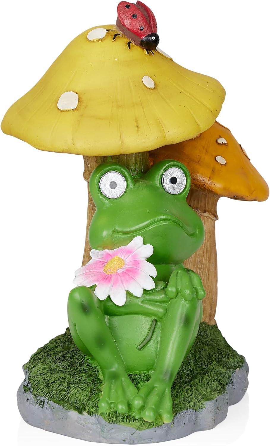 Alpine Corporation Frog Mushroom Statue With Solar: Whimsical Garden Decor, Polyresin, Ambient Glow