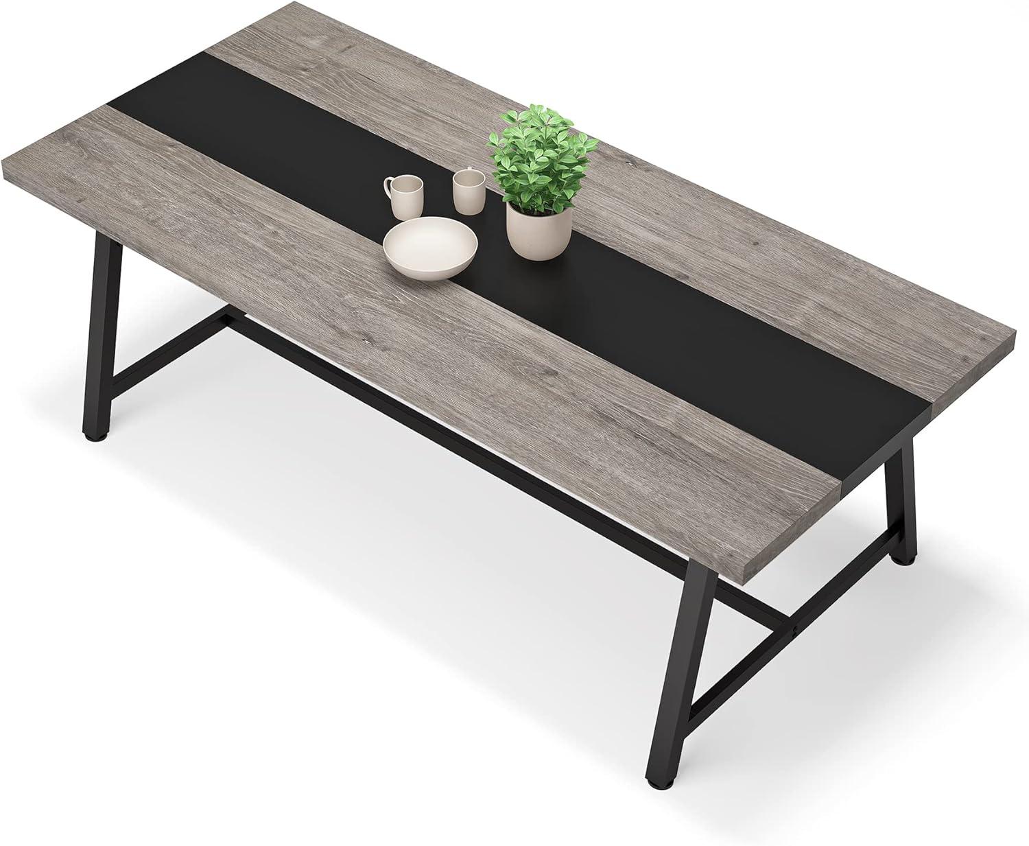 Gray and Black Rectangular Wood Dining Table with Metal Frame for 8