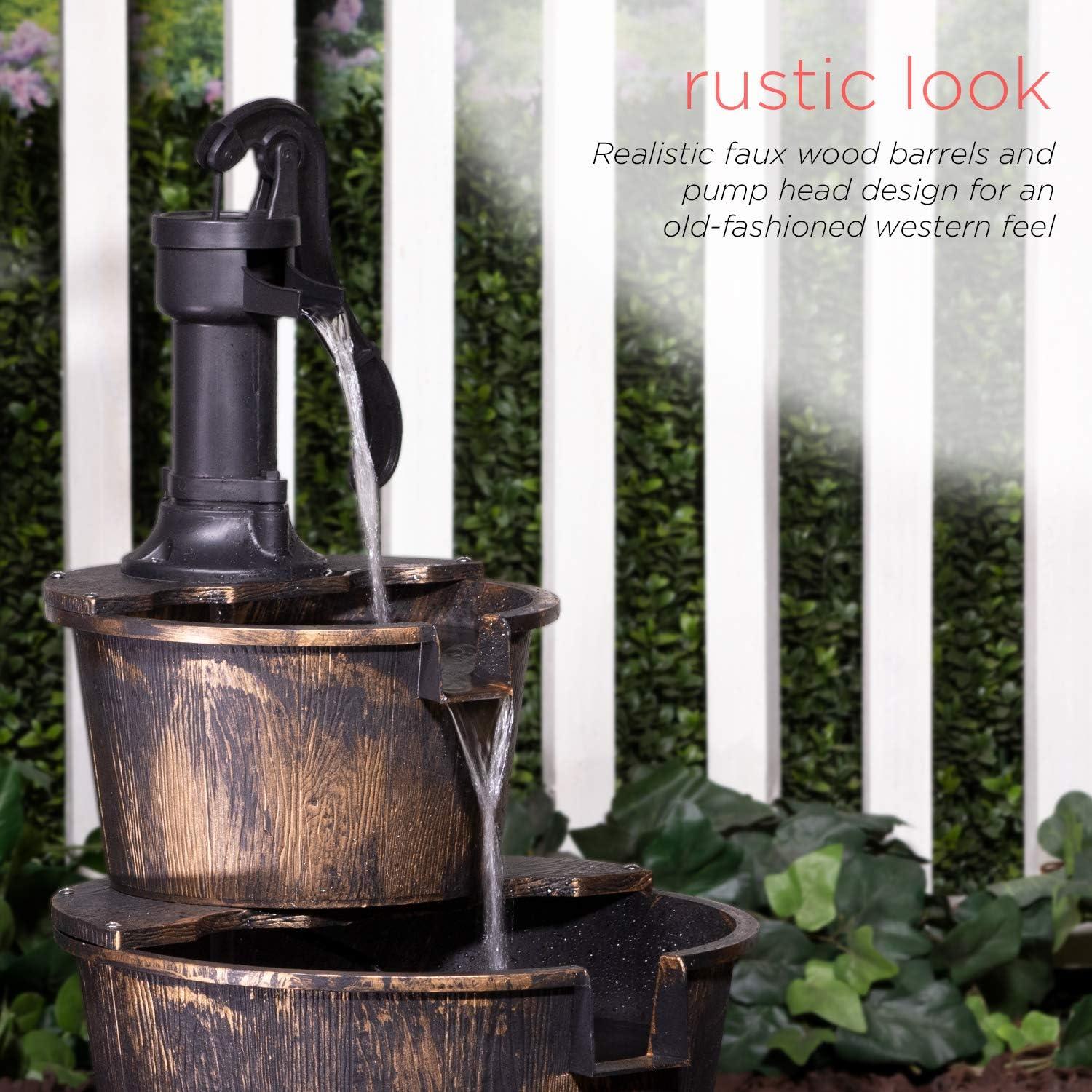Alpine Corporation 27" Two-Tier Barrel & Pump Outdoor Fountain, Bronze