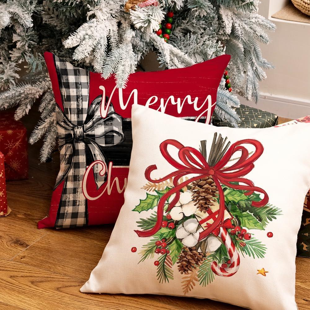 BEAUTY Merry Christmas Throw Pillow Covers 18 x 18 Inch Set of 4  Red Barn Merry & Bright Xmas Farmhouse Holiday Pillowcases for Home Outdoor Decoration CP053-18