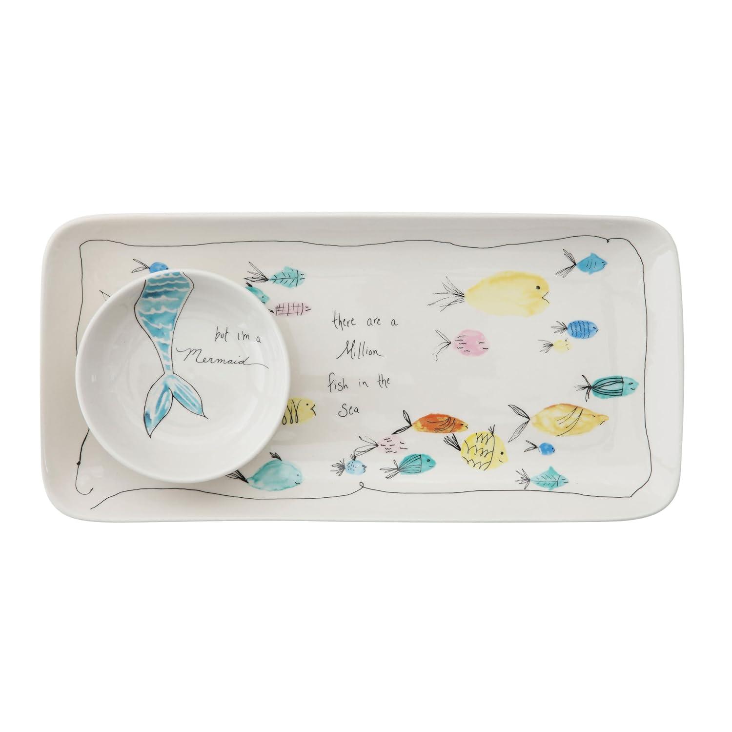 Storied Home Stoneware Plate & Small Round Dish with Fish Print White 2pc: Nautical Coastal Beach Style, Dishwasher-Safe