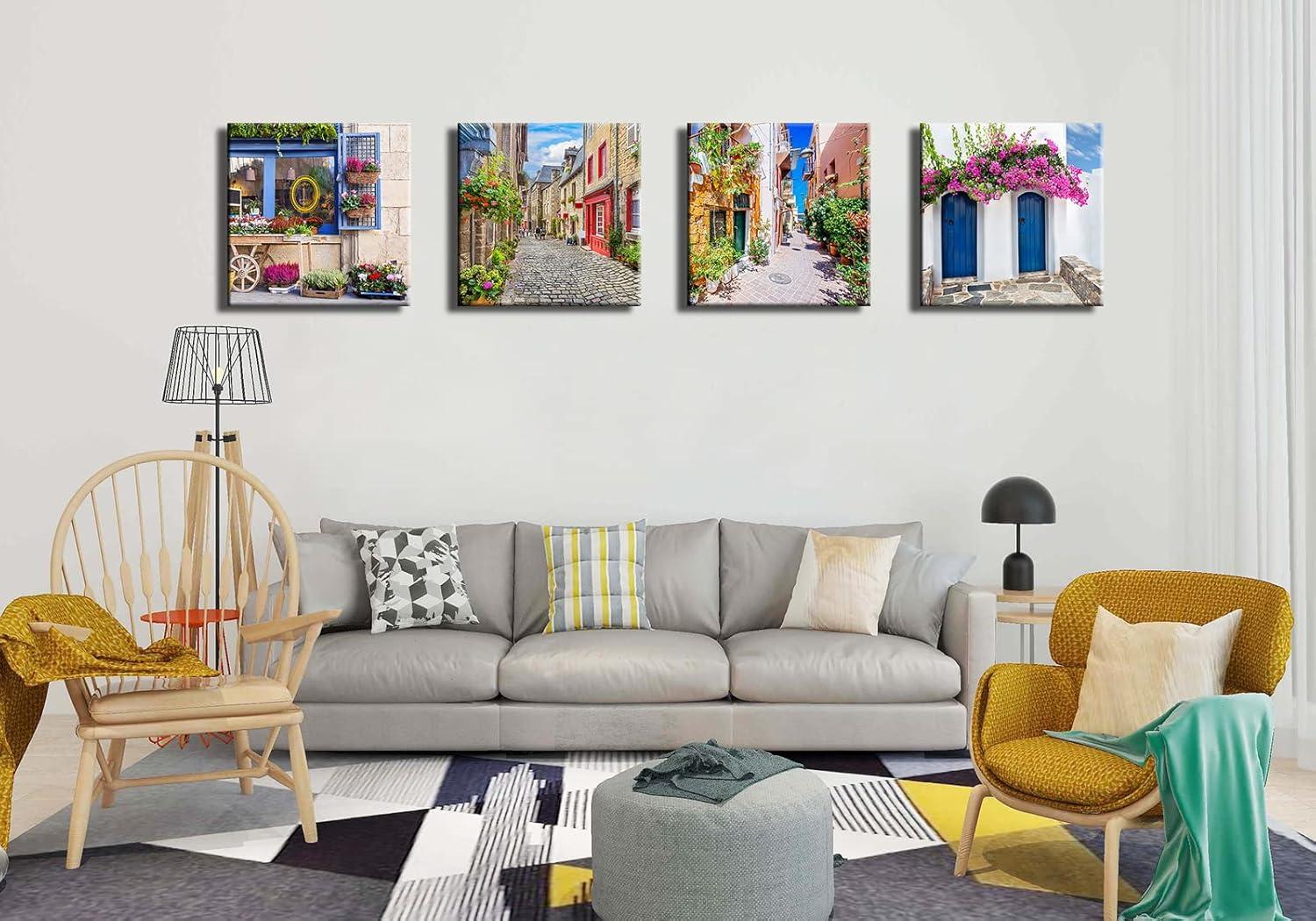 Italy Tuscan Wall Art, Colorful Nature Scenic Framed Pictures Canvas Prints, Modern Town Street Artwork Paintings for Living Room, Bedroom, Office Wall Decor
