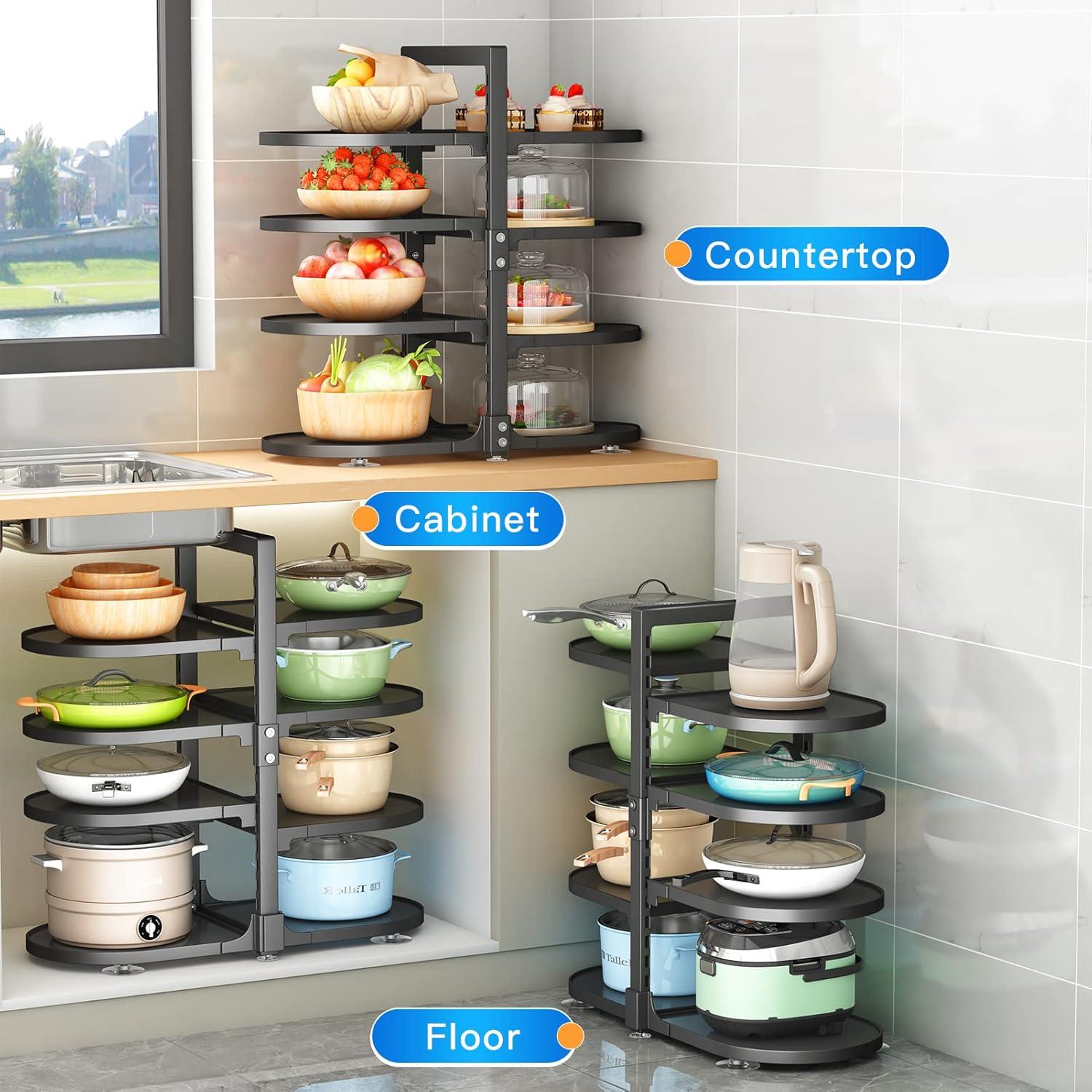 Pot and Pan Organizer for Cabinet, 8 Tier 21” Adjustable Cabinet Pan Organizer Rack Heavy Duty Pot Rack for Kitchen Storage, Snap-on Pot Pan Organizer with Panels for Stockpot and Steamer (Round)