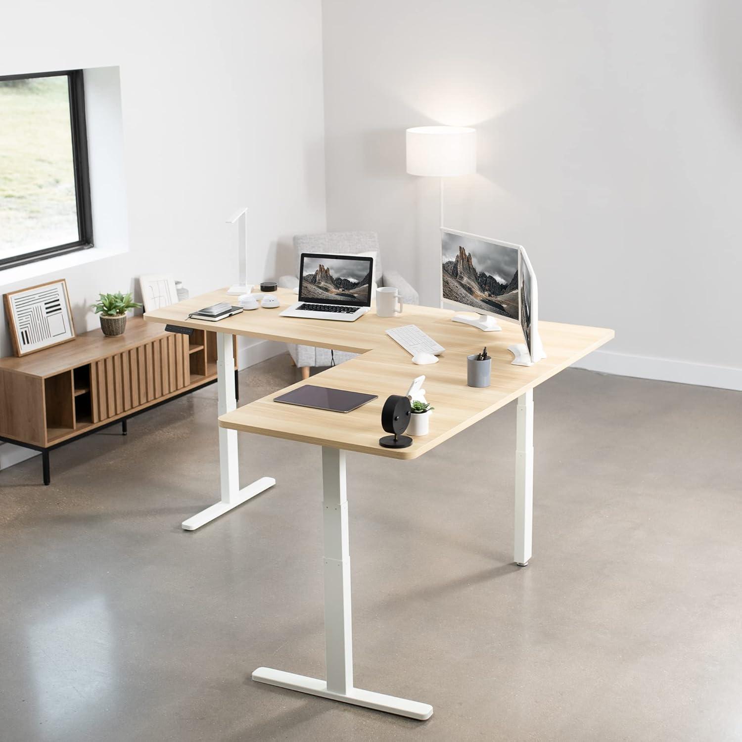 Electric Adjustable Corner Desk in Light Wood & White, 77" x 71"