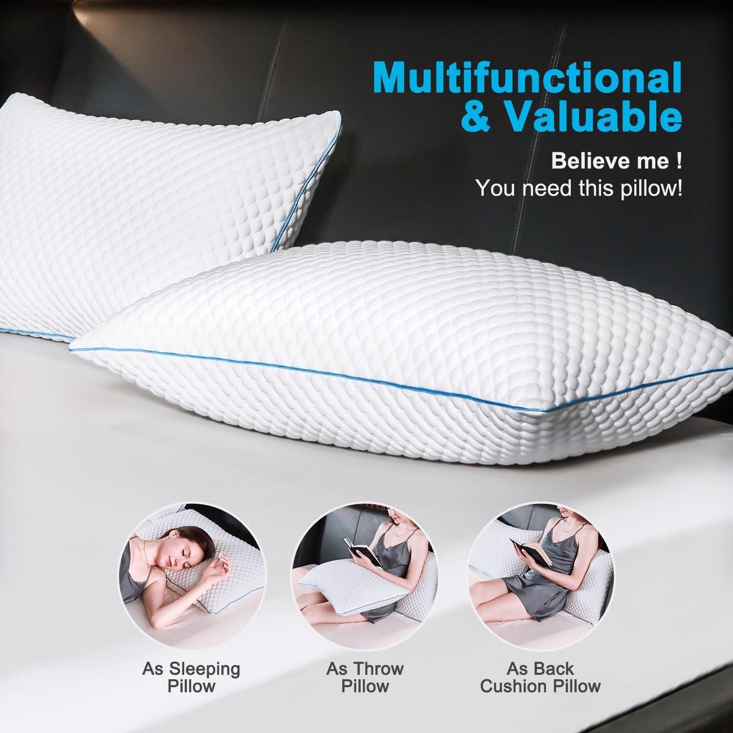 Arsny Cooling Pillow, Shredded Memory Foam Pillows, Adjustable Bed Pillows for Back Pain, Neck & Side Sleepers,Queen of 2 Pack