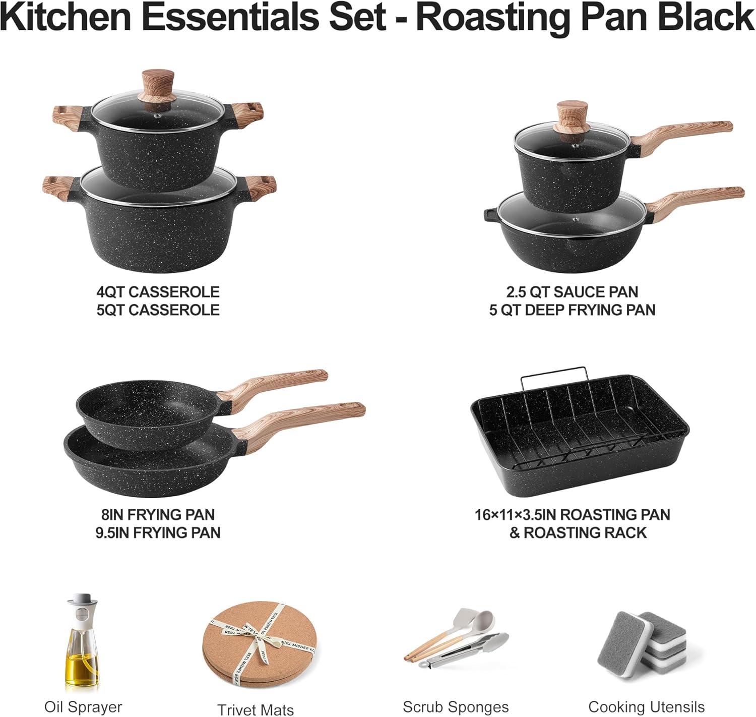 20-Piece Classic Black Granite Nonstick Aluminum Cookware Set