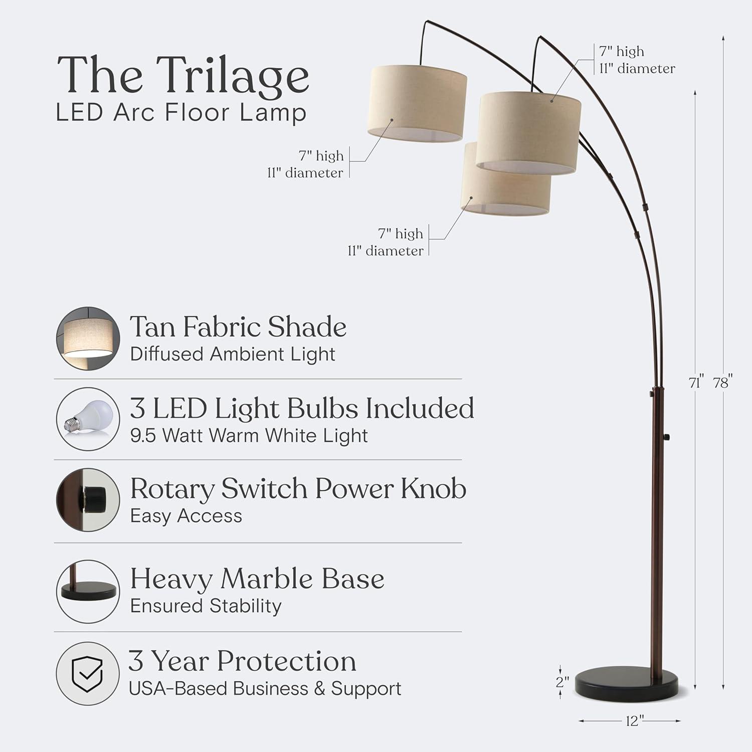 Brightech Trilage 84 in. Mid-Century Modern 3-Light Adjustable LED Arched Standing Floor Lamp with 3 Fabric Drum Shades