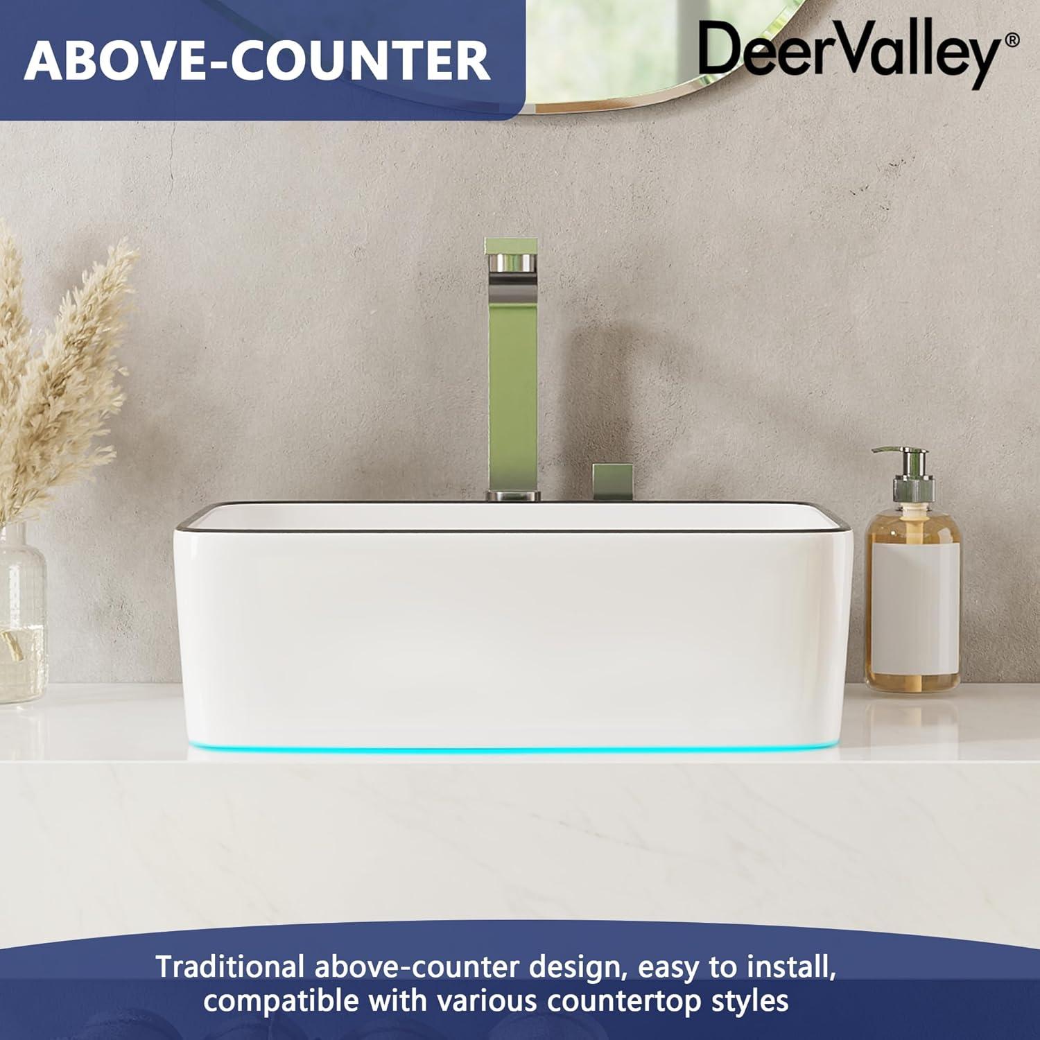 DeerValley DV-1V0317 Deervalley Liberty 16'' X 12'' Rectangular Vitreous China Vessel Bathroom Sink, White With Black Striped Edge