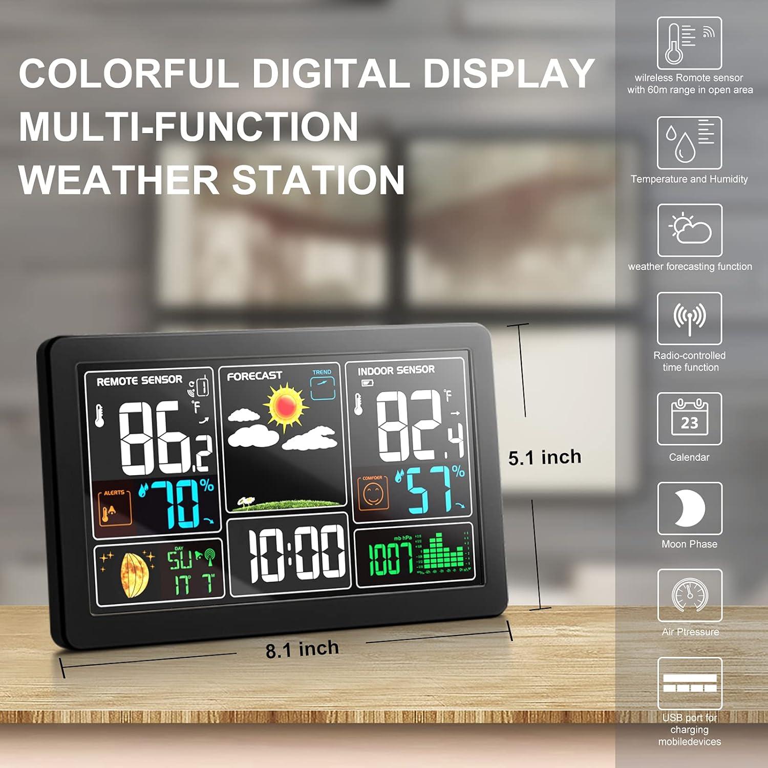 Weather Station Indoor Outdoor Thermometer Wireless Remote Sensor, Home Weather Station Temperature Humidity Monitor