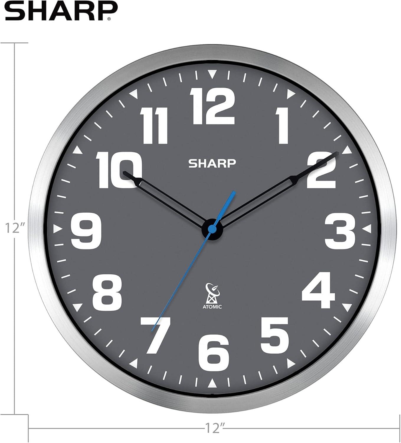 Sharp Atomic Analog Wall Clock - 12" Grey Face Silver Finish Auto Set Battery Opp Modern Design